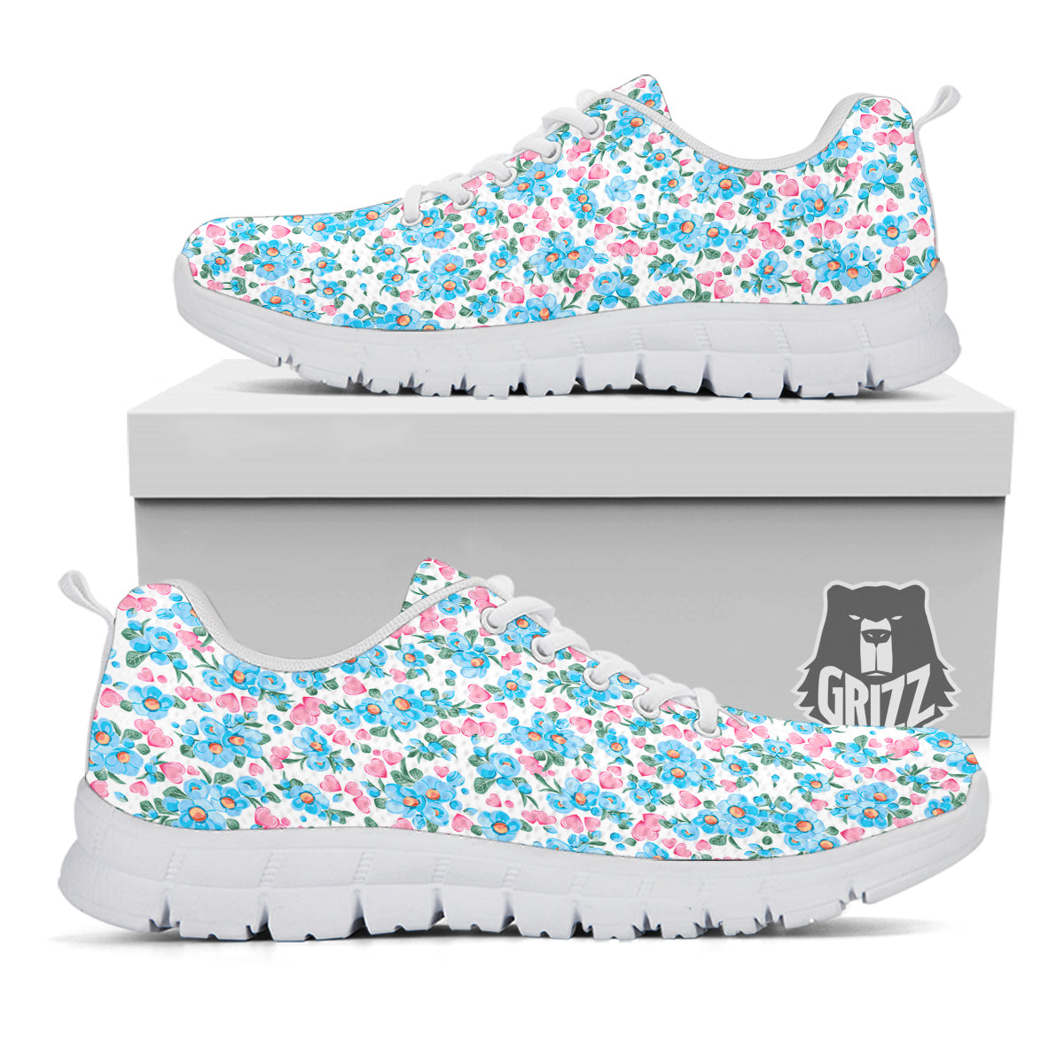 Heart And Flower Valentine's Day Print Pattern White Sneaker-grizzshop