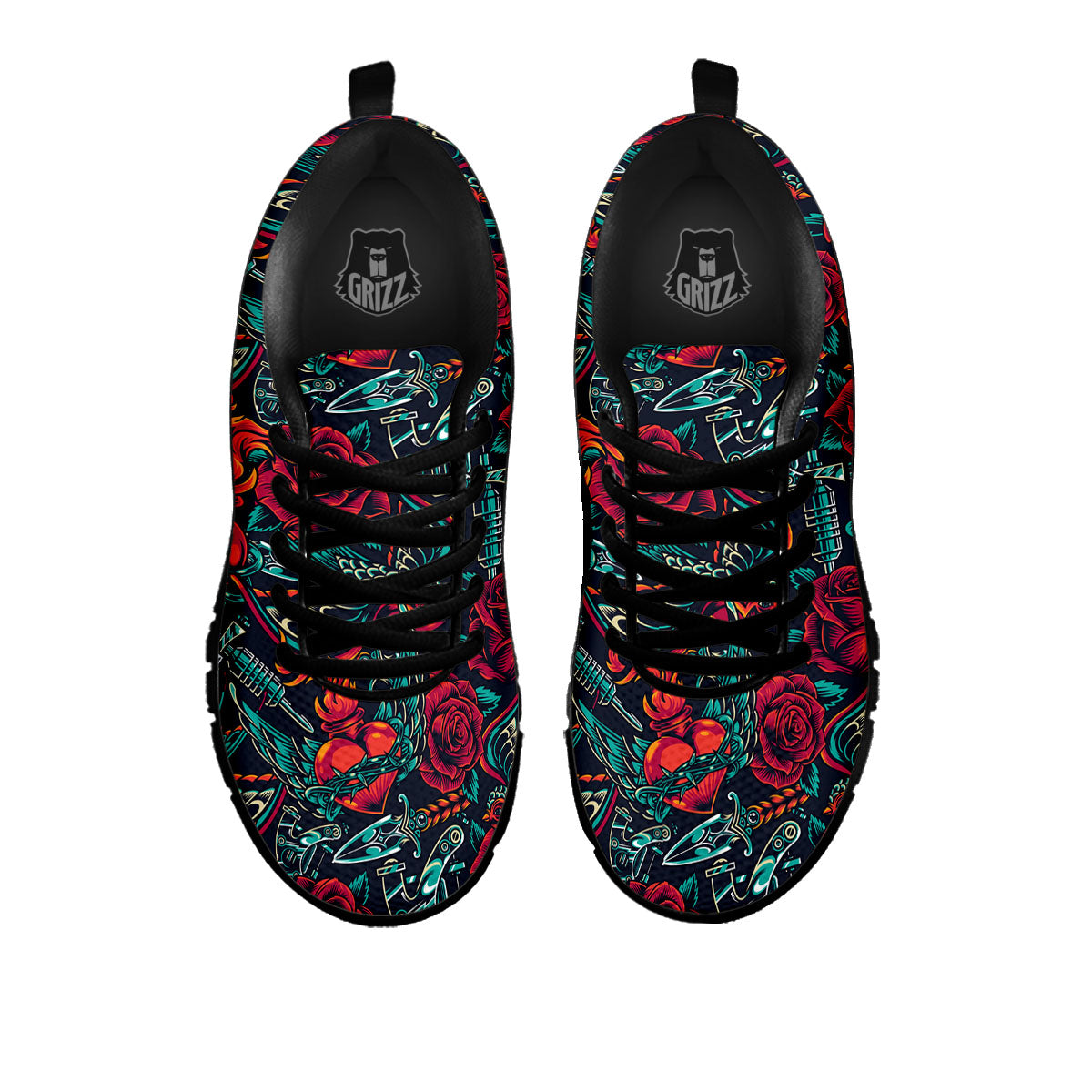 Heart And Rose Print Pattern Black Sneaker-grizzshop