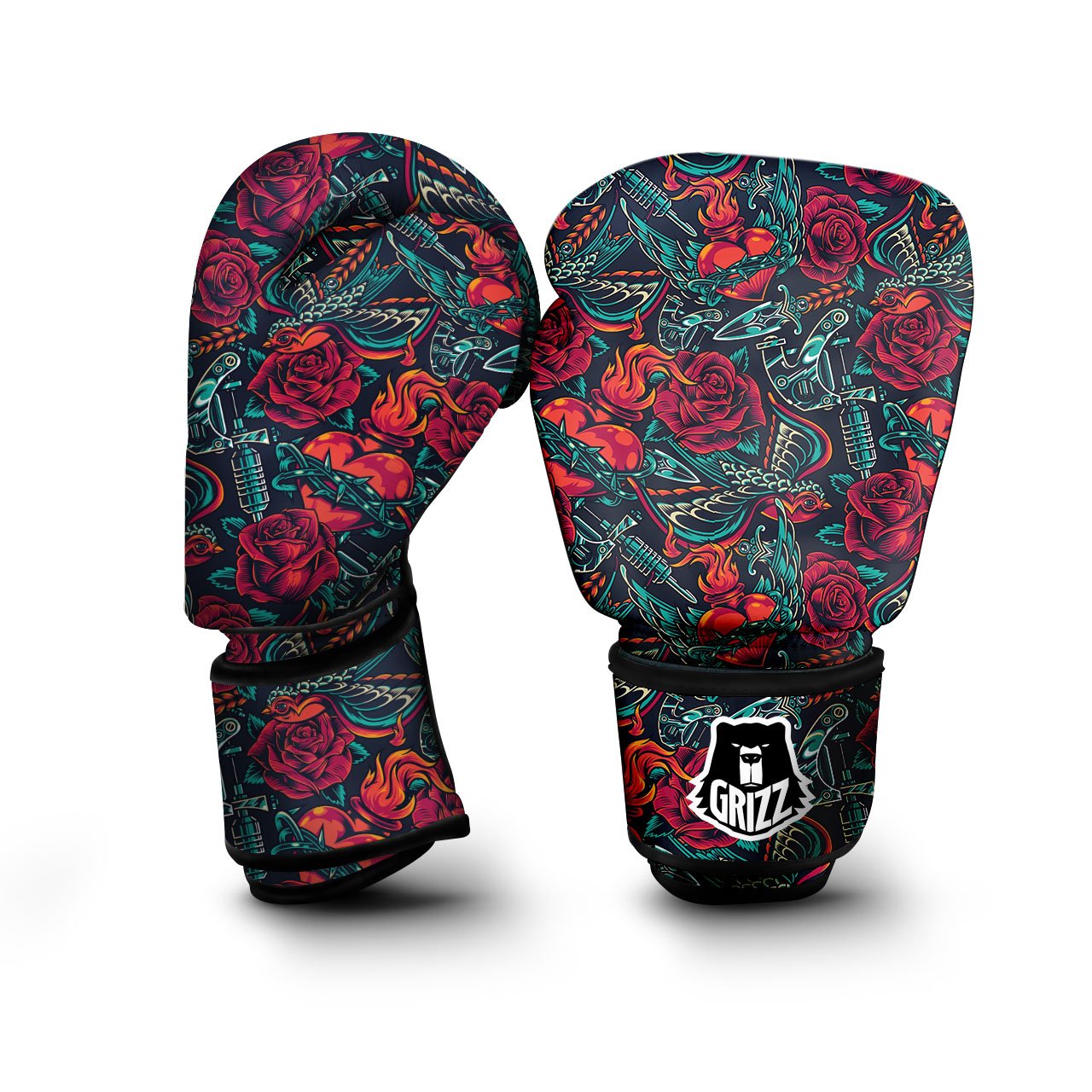 Heart And Rose Print Pattern Boxing Gloves-grizzshop