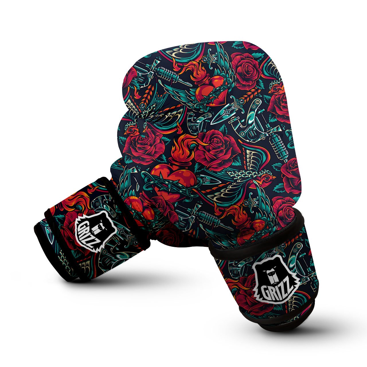 Heart And Rose Print Pattern Boxing Gloves-grizzshop