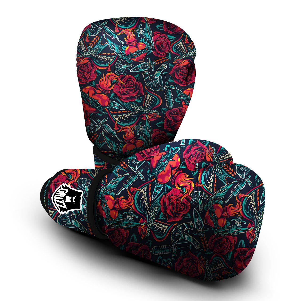 Heart And Rose Print Pattern Boxing Gloves-grizzshop