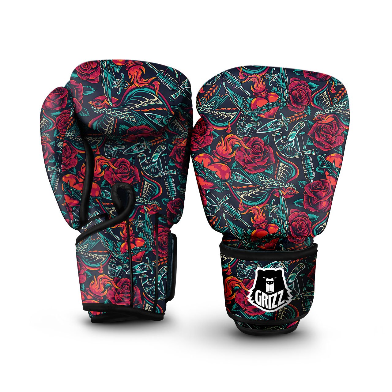 Heart And Rose Print Pattern Boxing Gloves-grizzshop