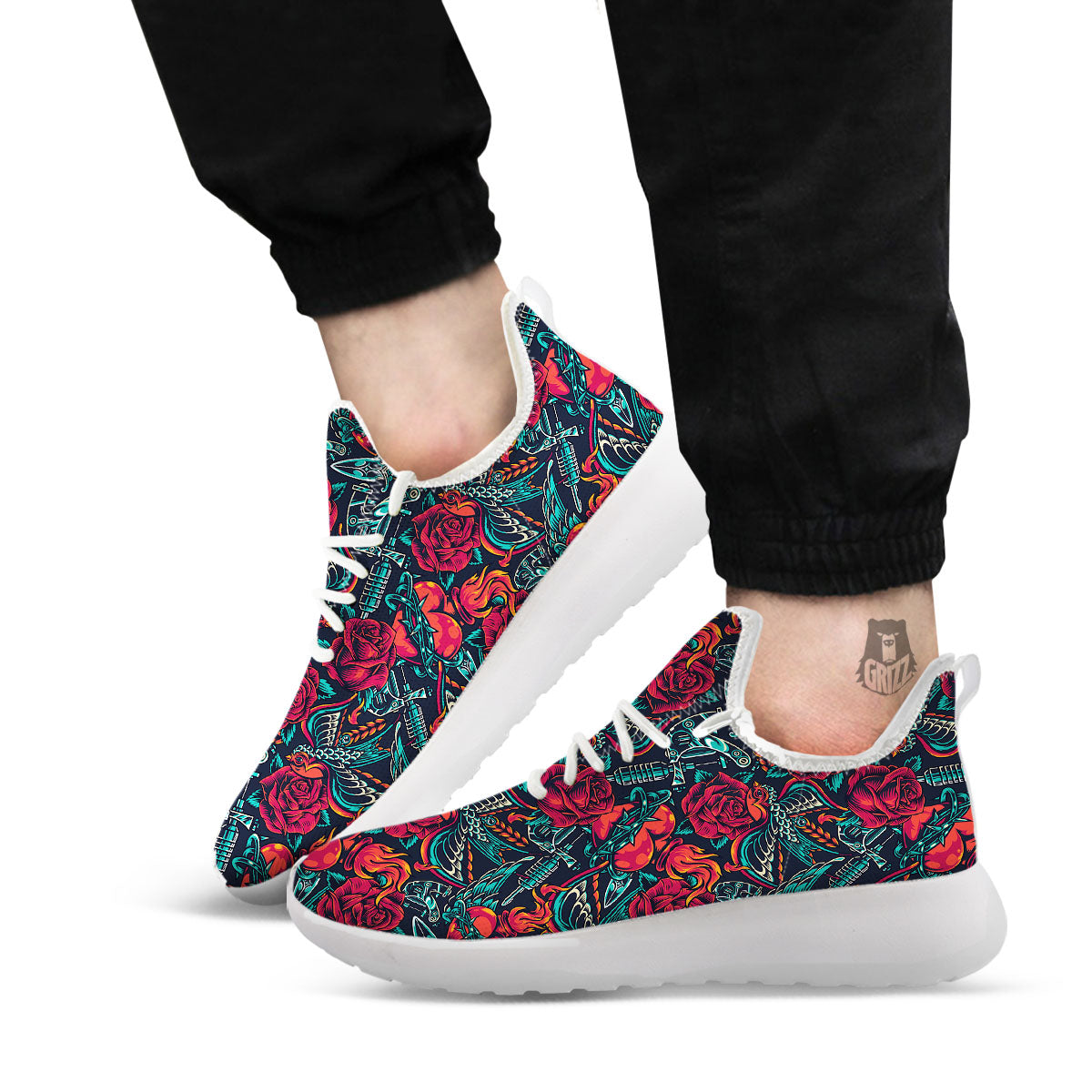 Heart And Rose Print Pattern White Athletic Shoes-grizzshop