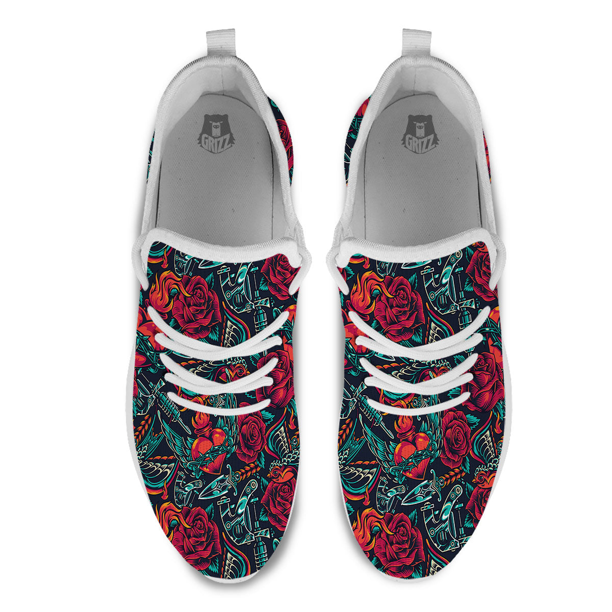 Heart And Rose Print Pattern White Athletic Shoes-grizzshop