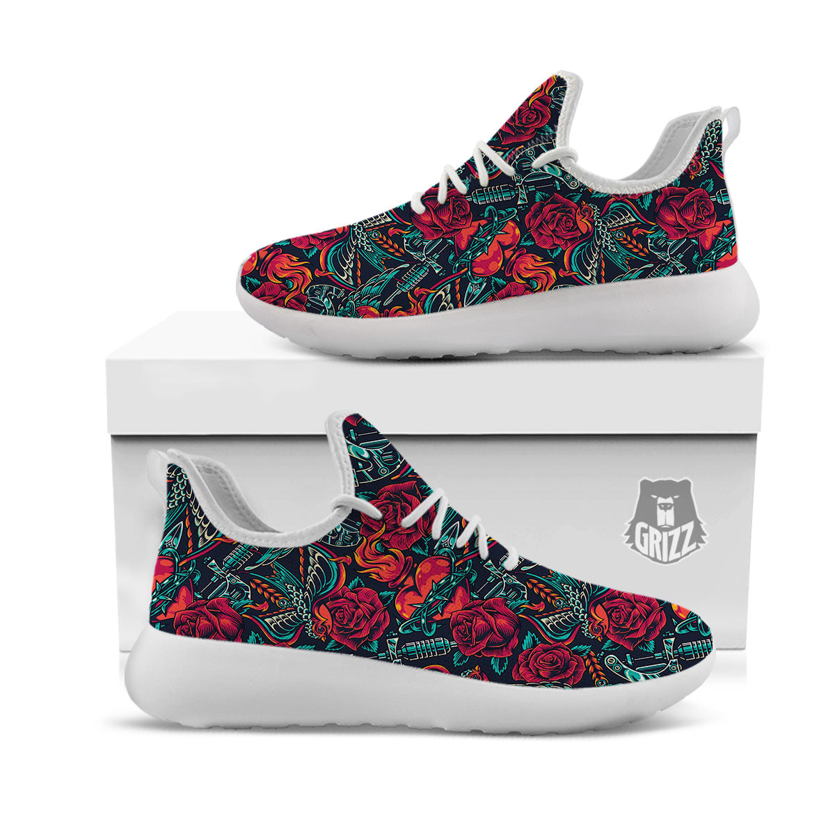 Heart And Rose Print Pattern White Athletic Shoes-grizzshop