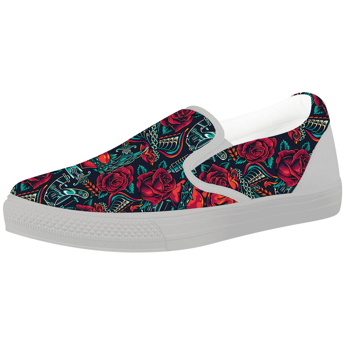 Heart And Rose Print Pattern White Slip On Shoes-grizzshop