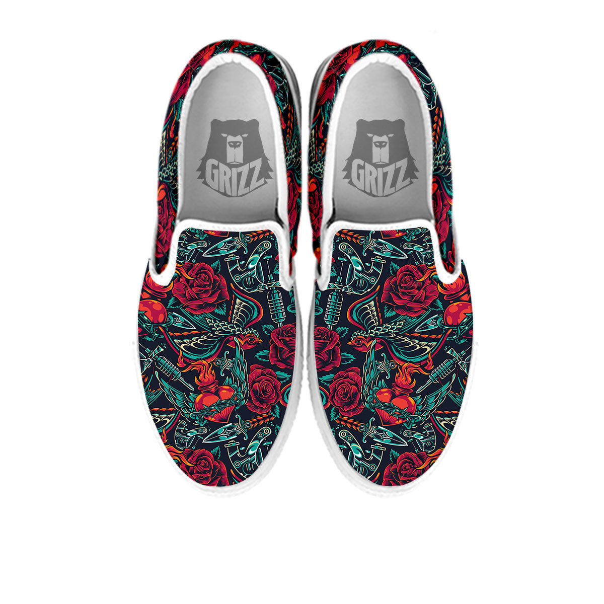 Heart And Rose Print Pattern White Slip On Shoes-grizzshop