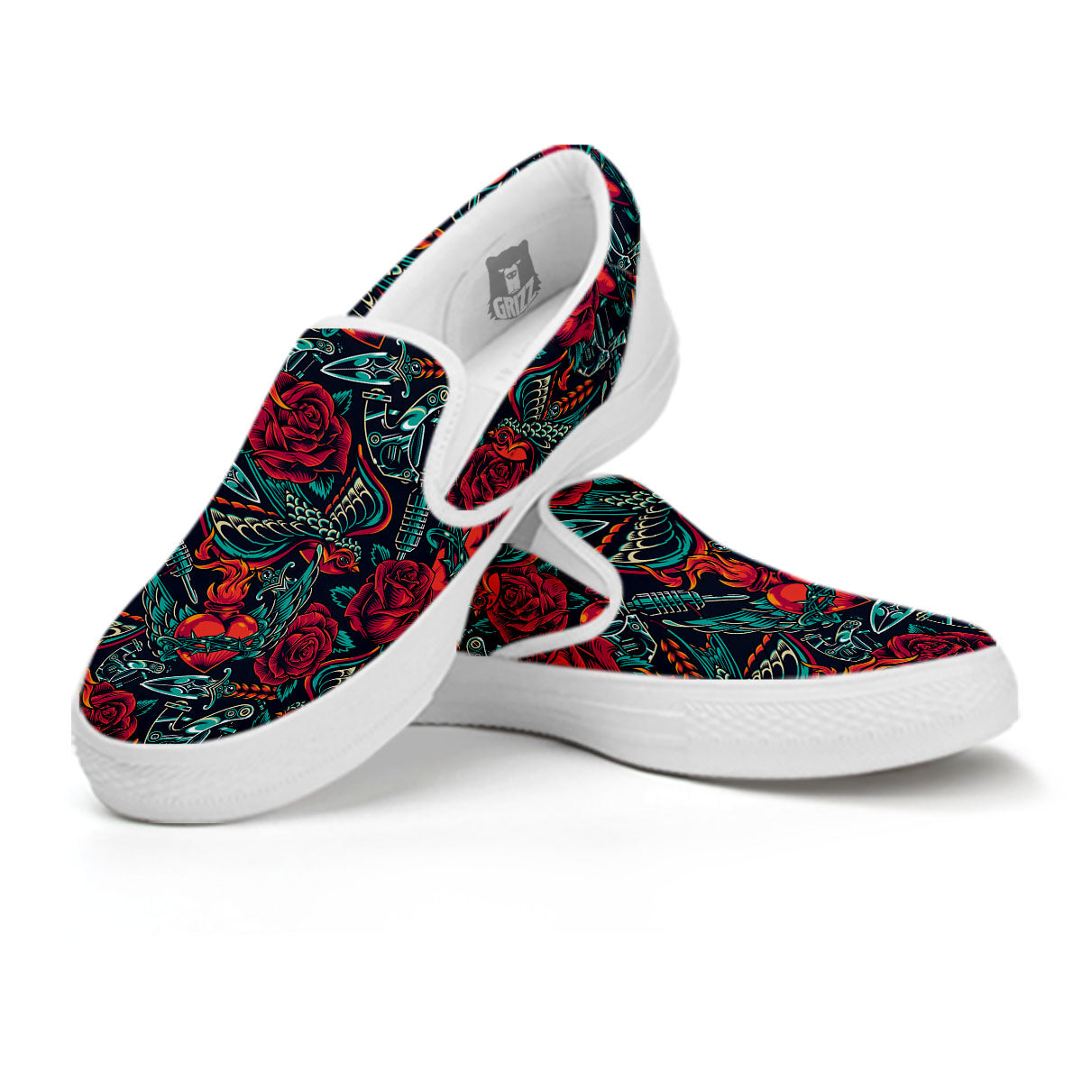 Heart And Rose Print Pattern White Slip On Shoes-grizzshop