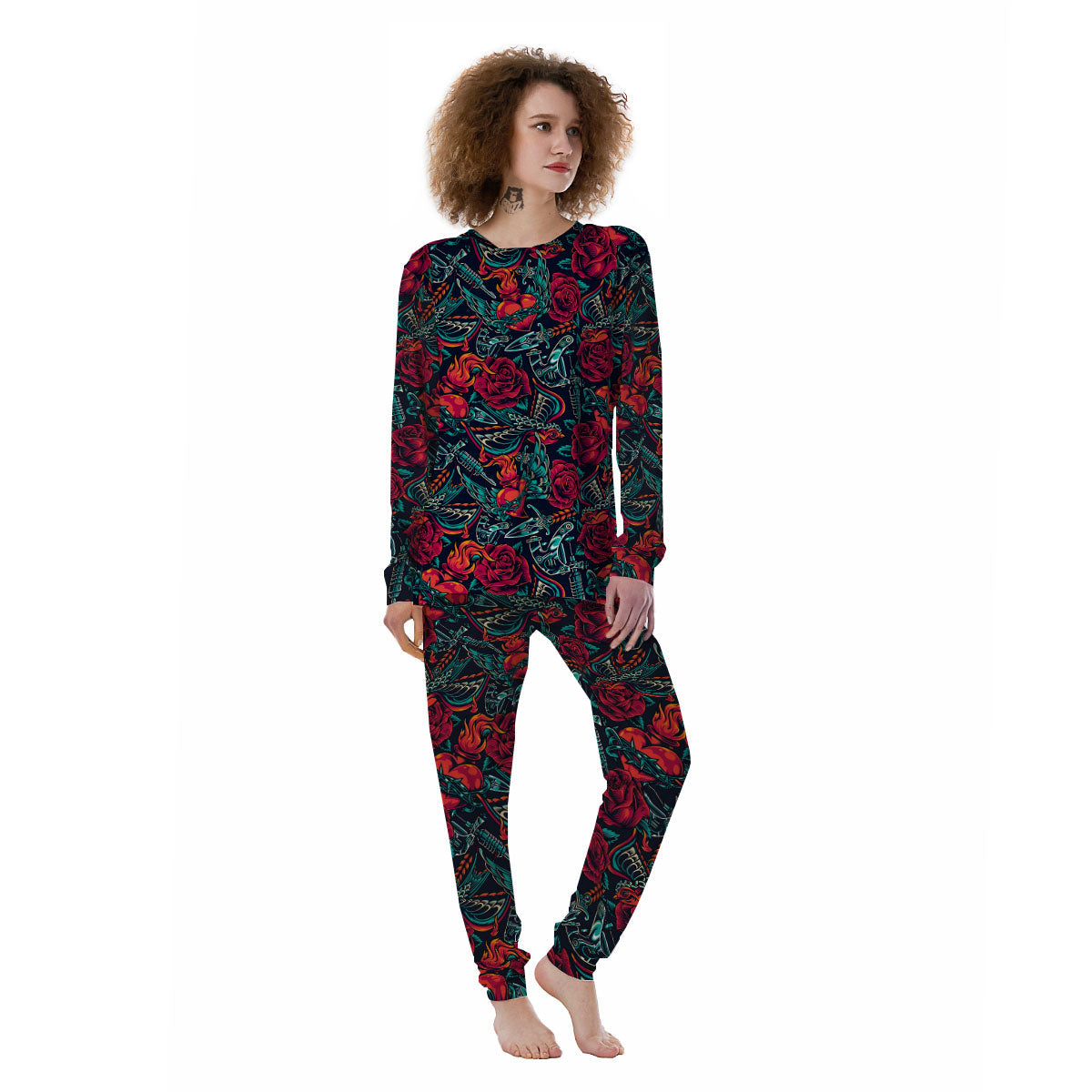 Heart And Rose Print Pattern Women's Pajamas-grizzshop