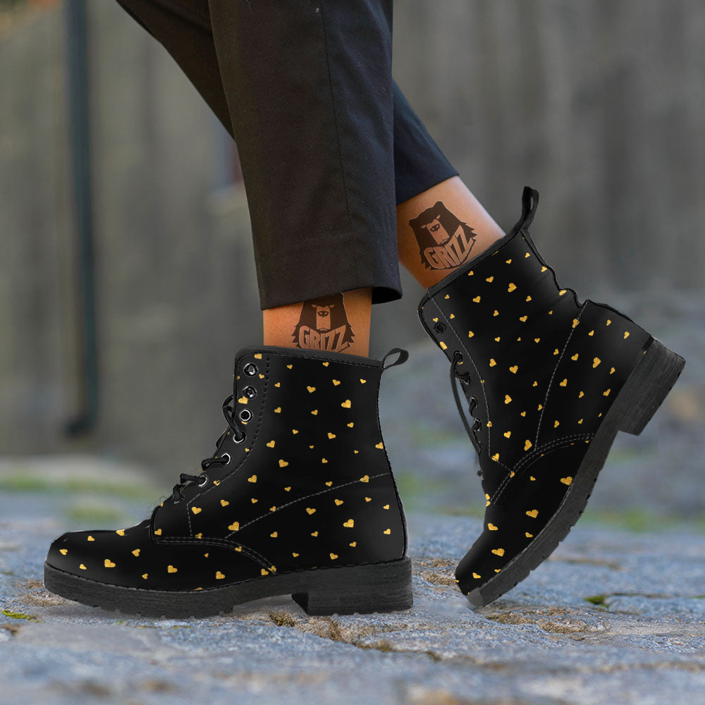 Heart Black And Gold Print Pattern Leather Boots-grizzshop