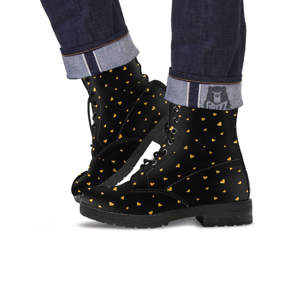 Heart Black And Gold Print Pattern Leather Boots-grizzshop