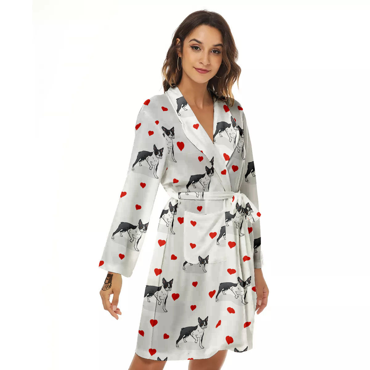 Heart Bull Terrier Print Pattern Women's Robe-grizzshop