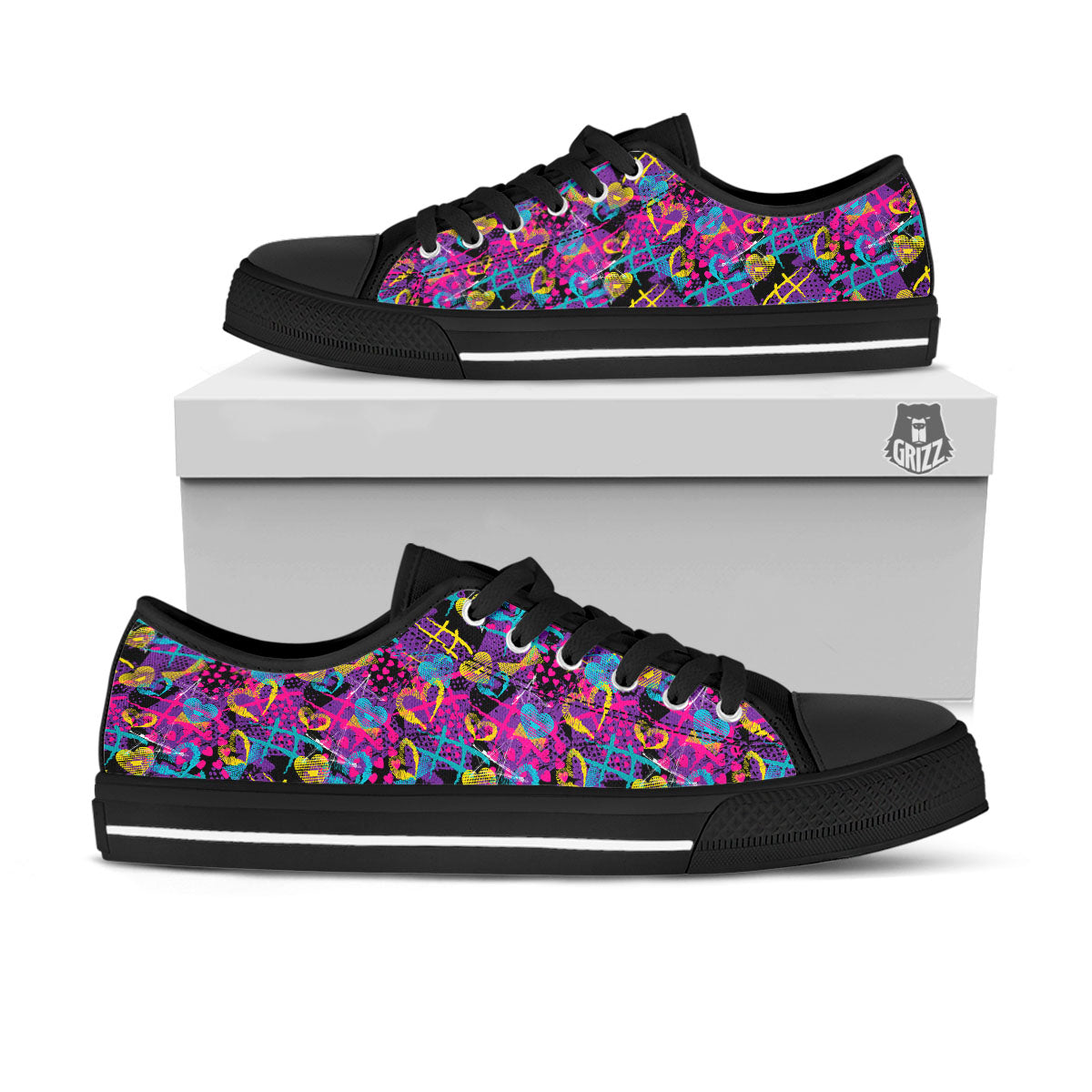 Heart Graffiti Print Pattern Black Low Top Shoes-grizzshop