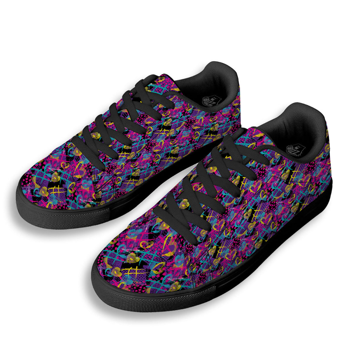 Heart Graffiti Print Pattern Black Low Top Sneakers-grizzshop