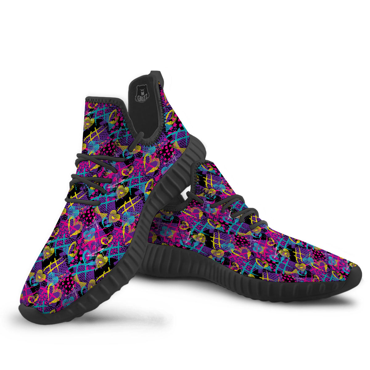 Heart Graffiti Print Pattern Black Walking Shoes-grizzshop