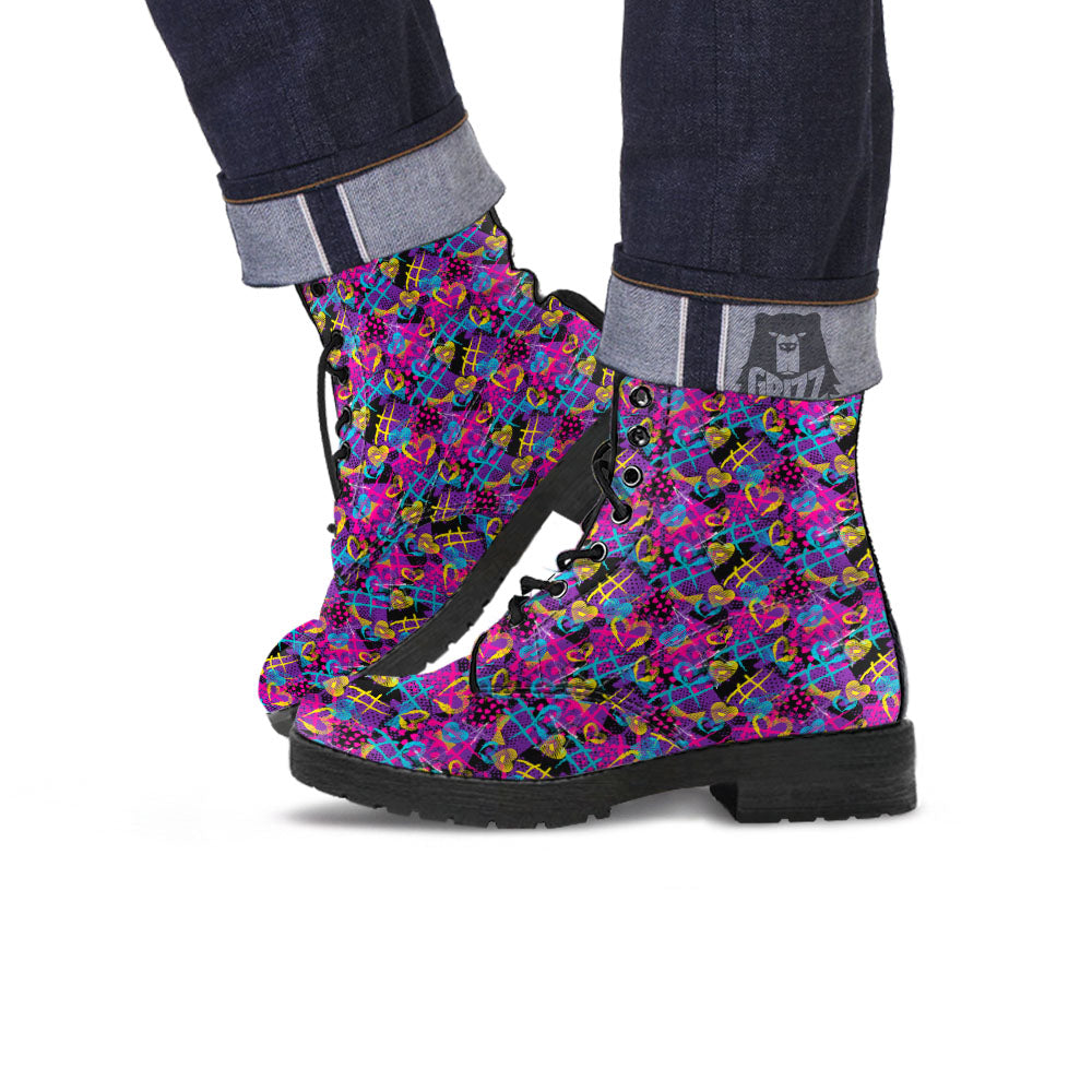 Heart Graffiti Print Pattern Leather Boots-grizzshop