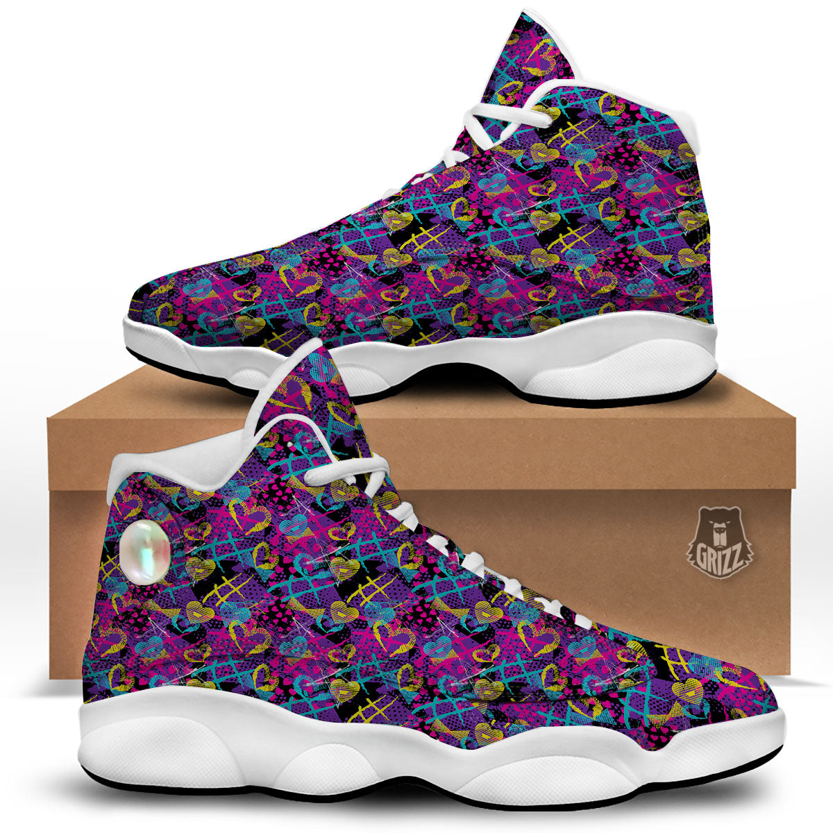 Heart Graffiti Print Pattern White Basketball Shoes-grizzshop