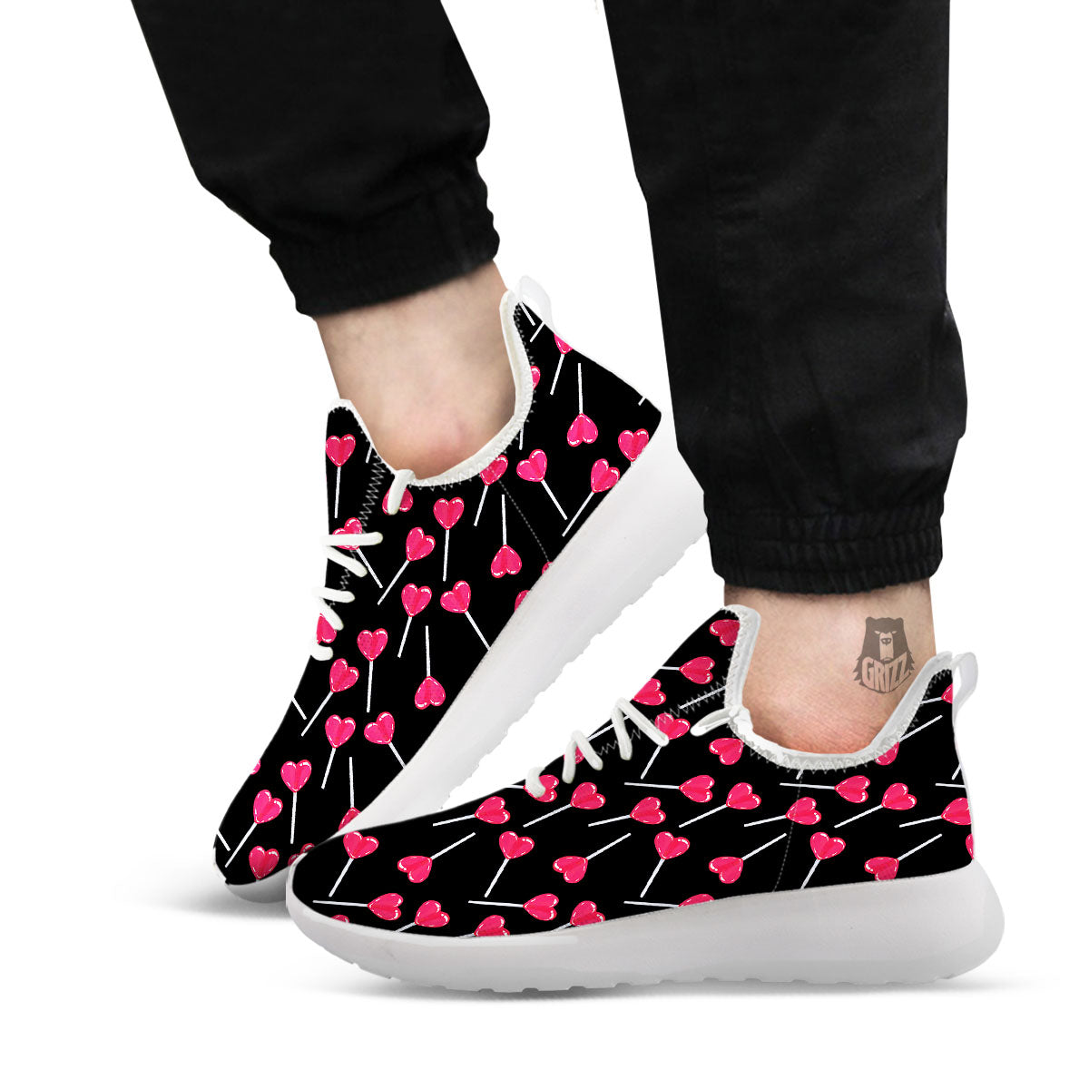 Heart Pink Lollipop Print Pattern White Athletic Shoes-grizzshop