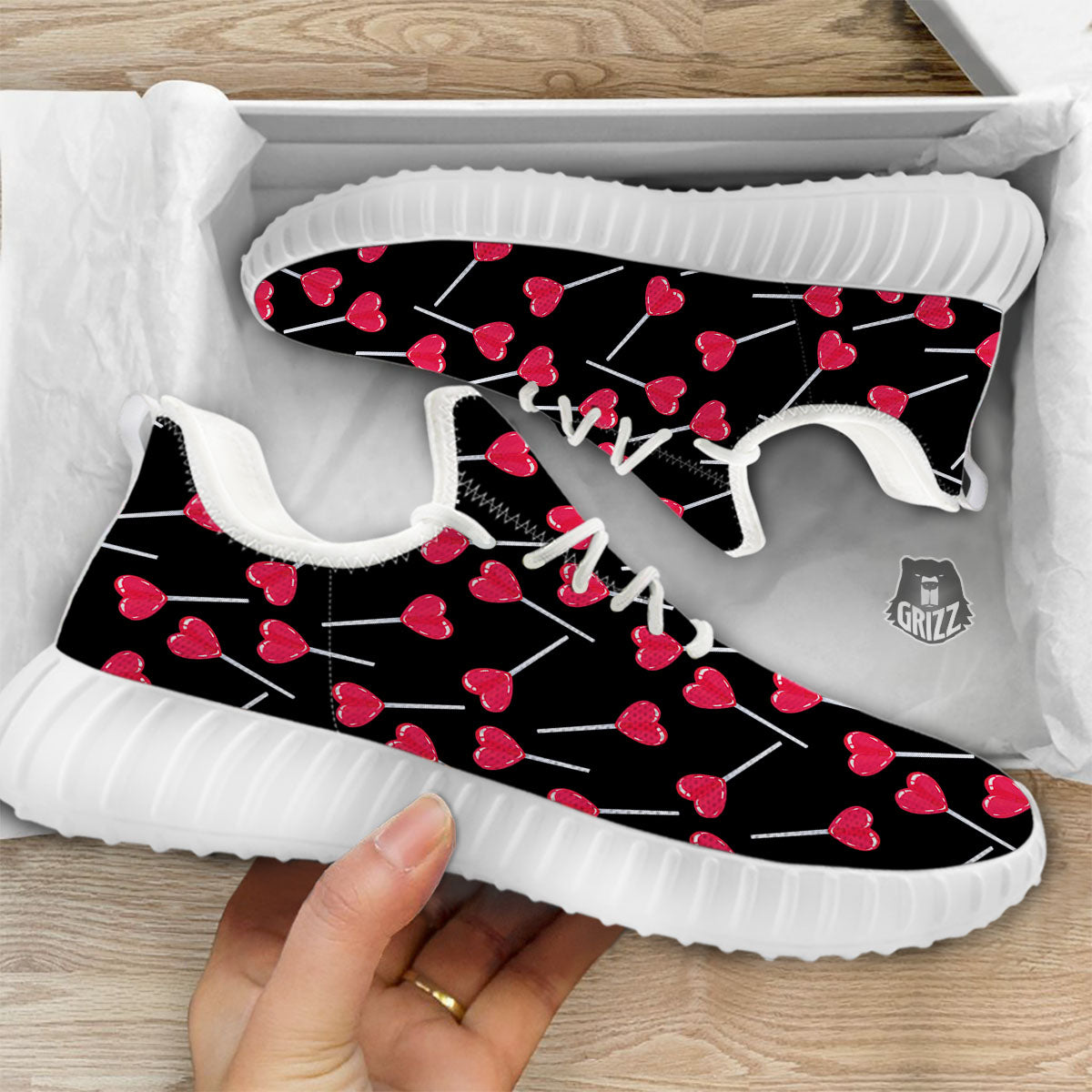 Heart Pink Lollipop Print Pattern White Walking Shoes-grizzshop
