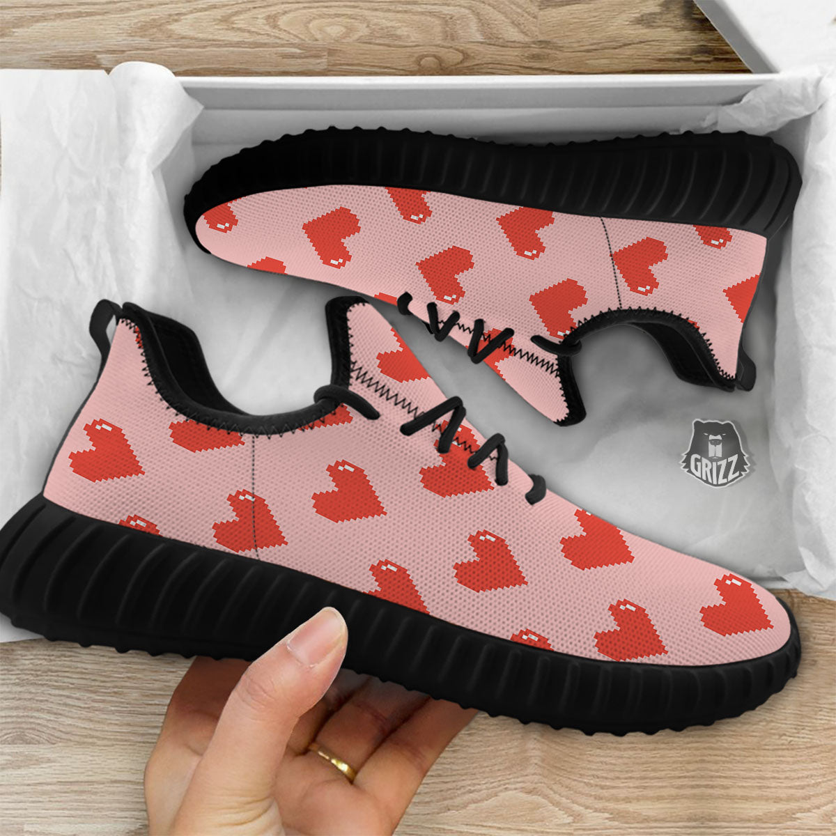 Heart Pixel Print Pattern Black Walking Shoes-grizzshop