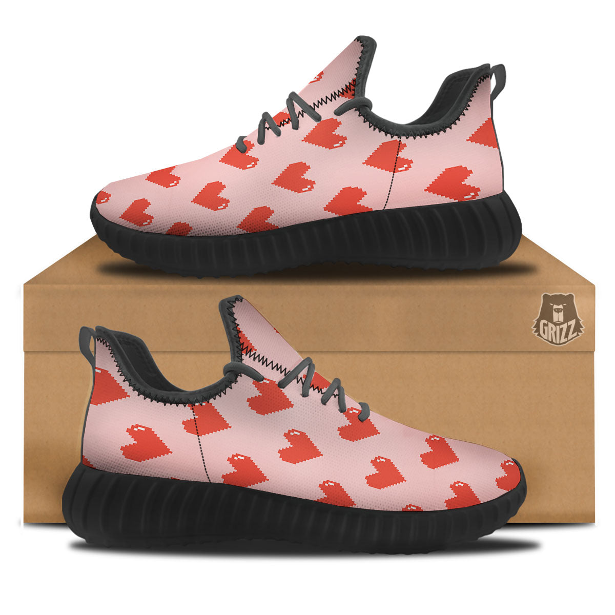 Heart Pixel Print Pattern Black Walking Shoes-grizzshop