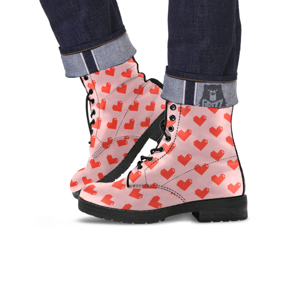 Heart Pixel Print Pattern Leather Boots-grizzshop