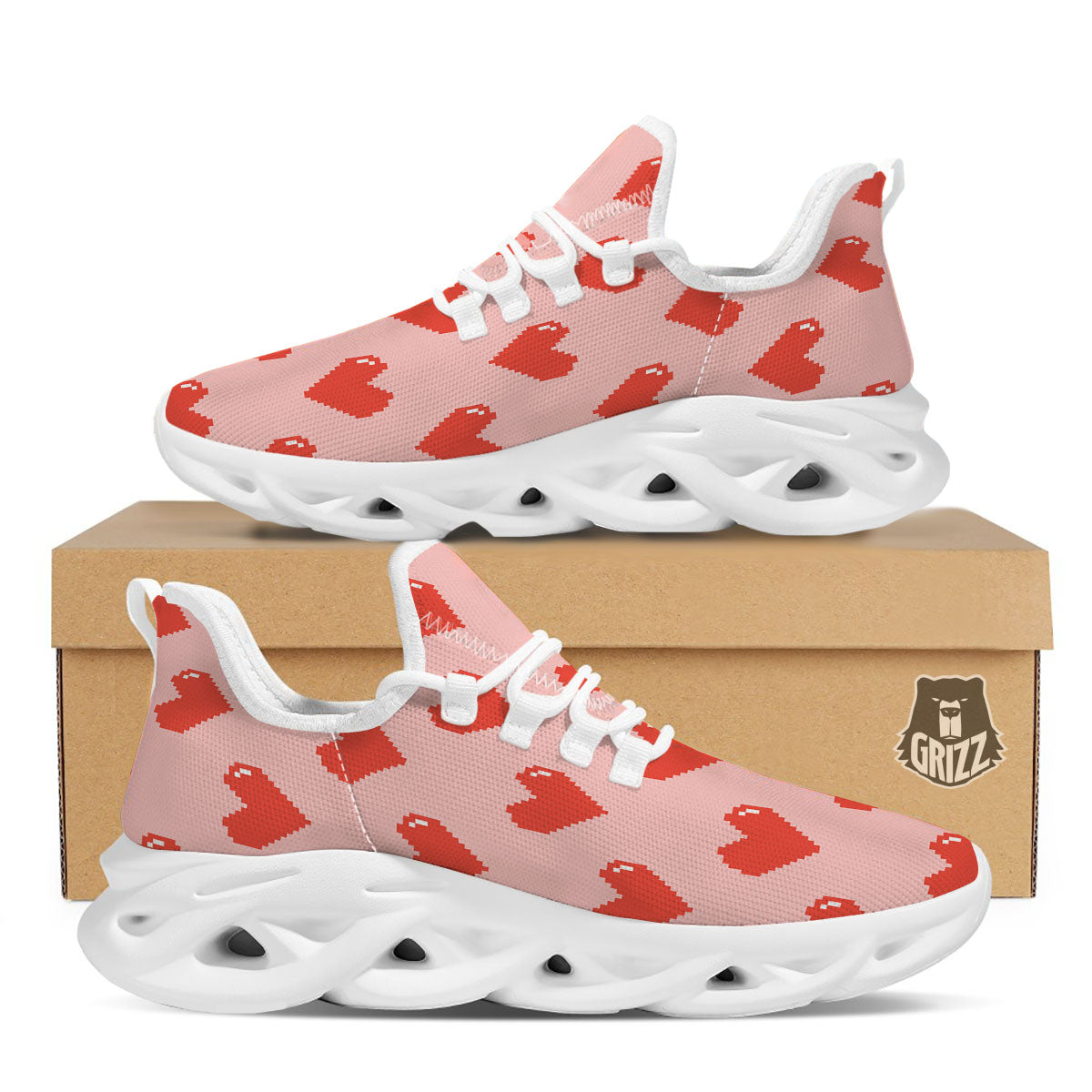 Heart Pixel Print Pattern White Running Shoes-grizzshop