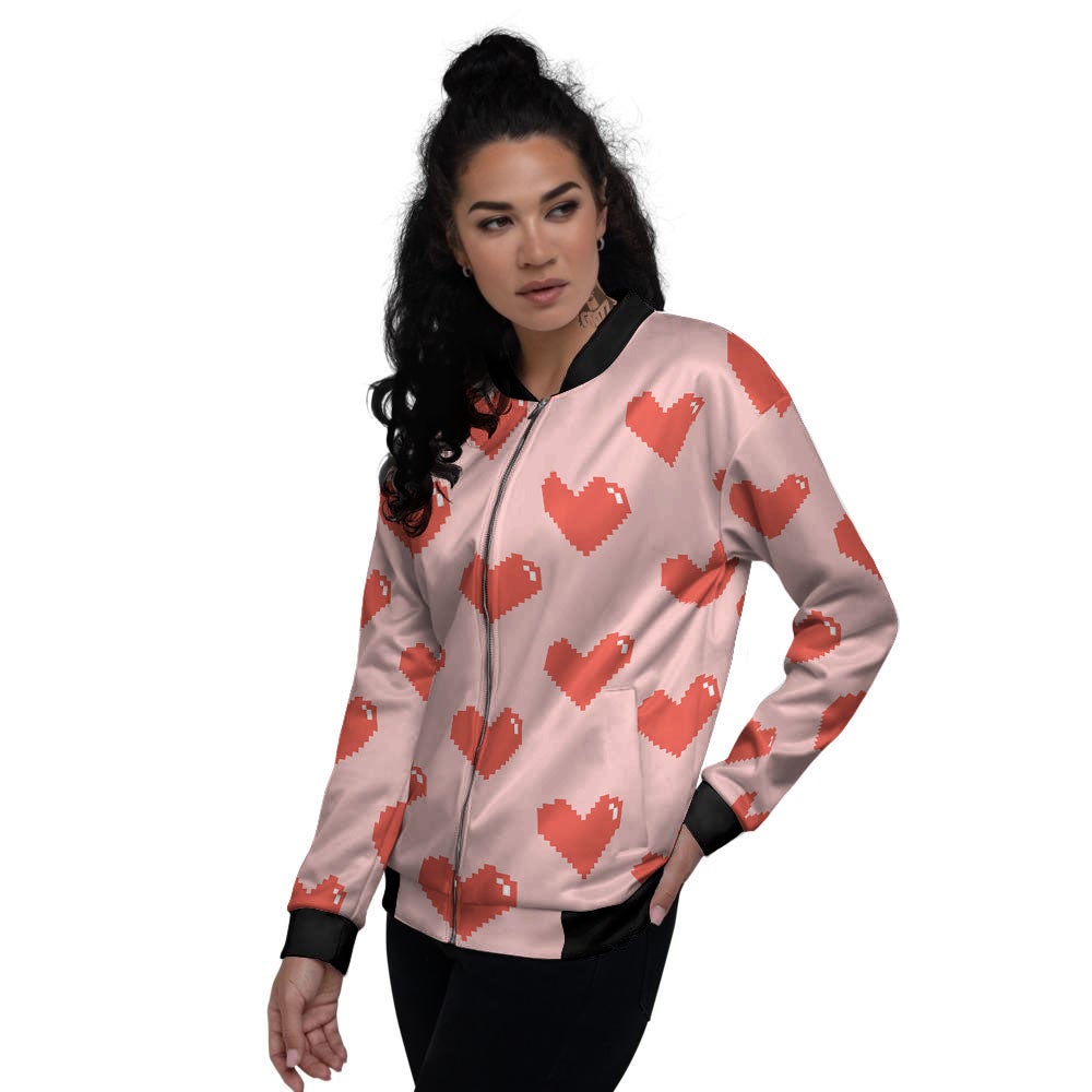 Heart Pixel Print Pattern Women's Bomber Jacket-grizzshop