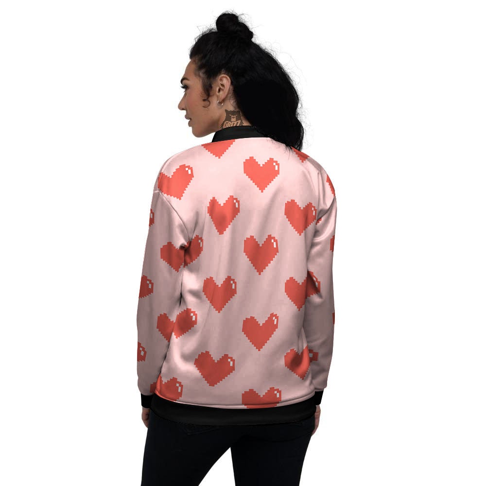 Heart Pixel Print Pattern Women's Bomber Jacket-grizzshop