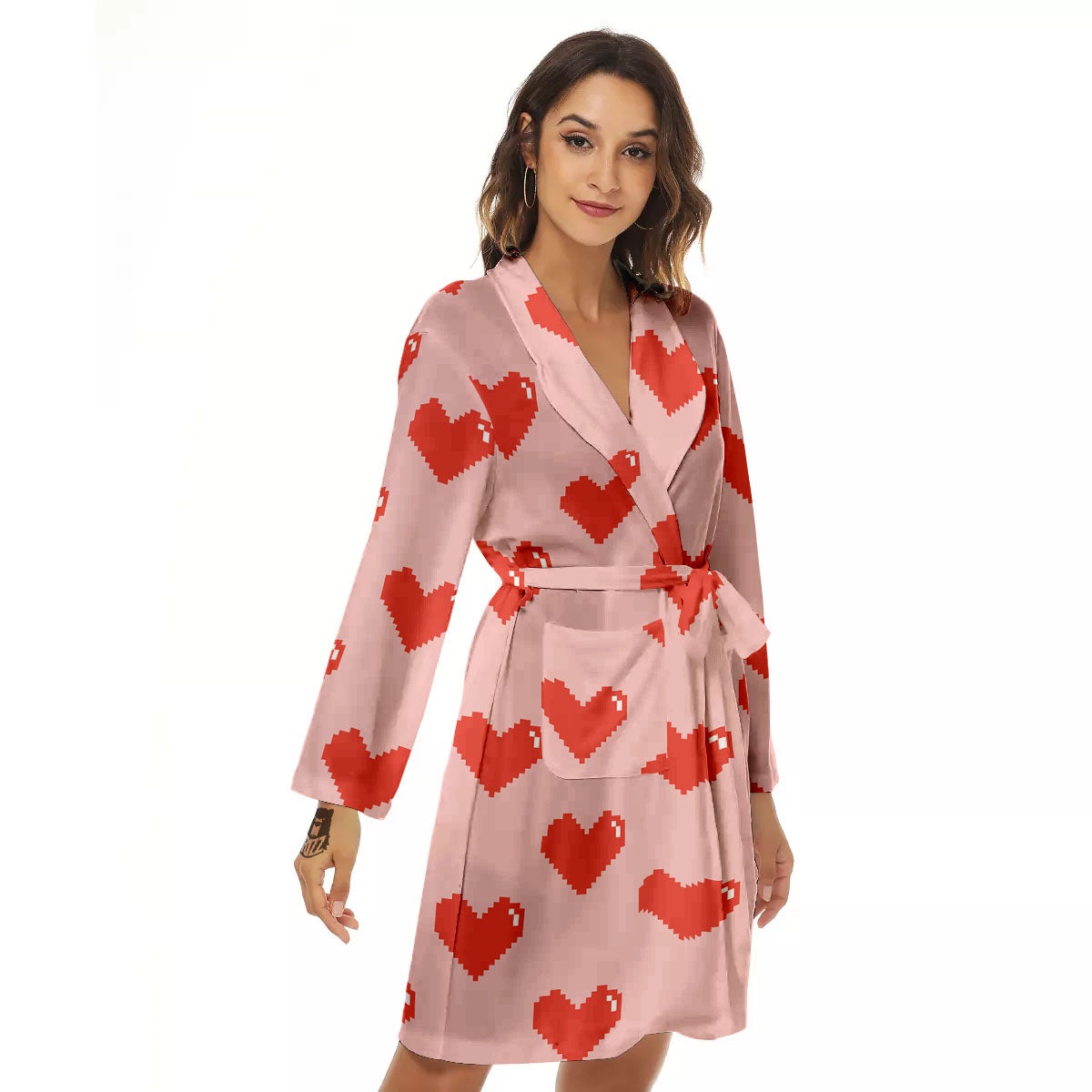 Heart Pixel Print Pattern Women's Robe-grizzshop