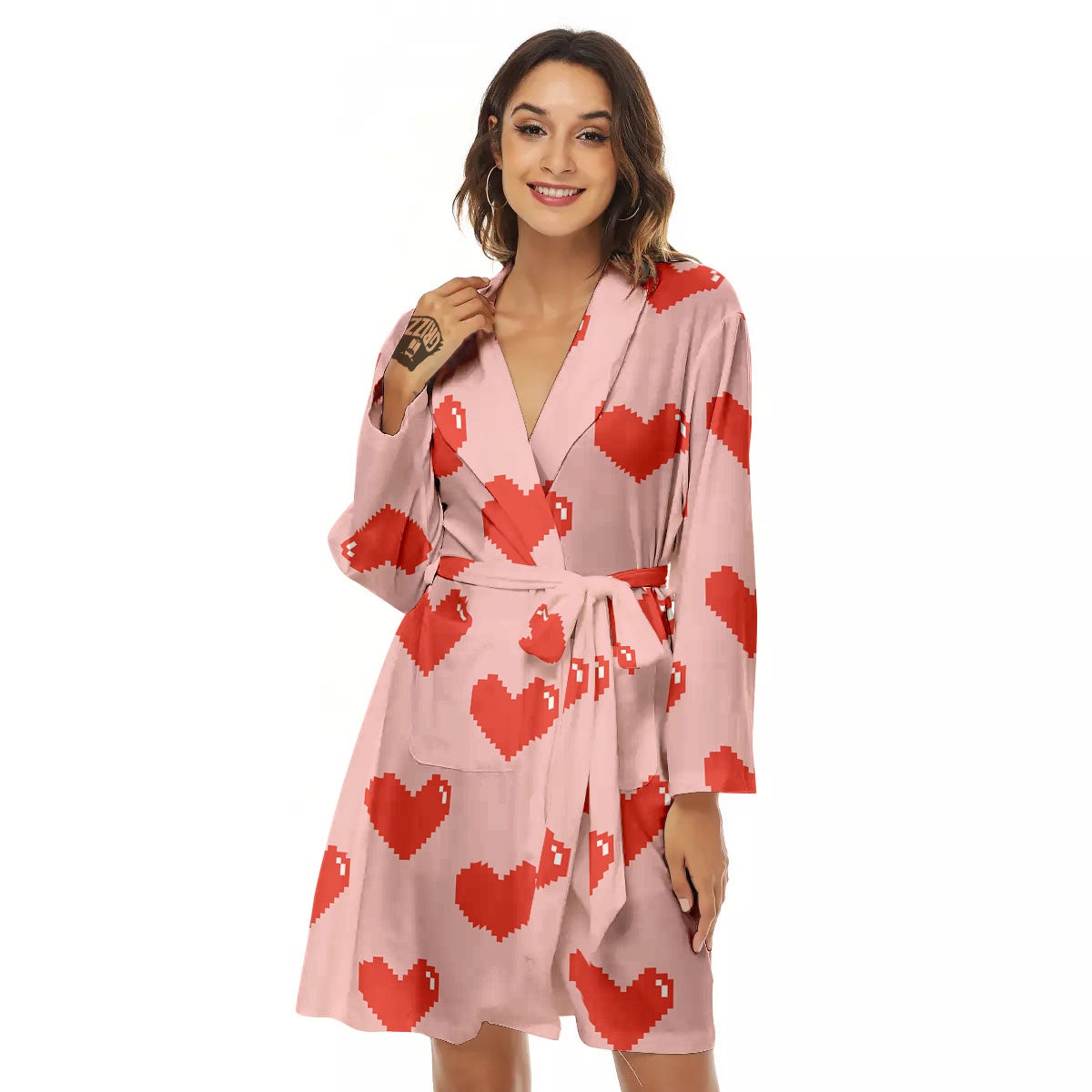 Heart Pixel Print Pattern Women's Robe-grizzshop