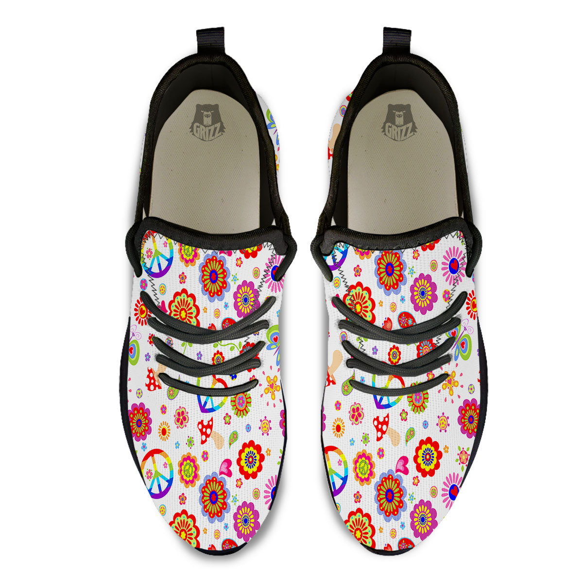 Heart Psychedelic Peace Sign Print Pattern Black Athletic Shoes-grizzshop