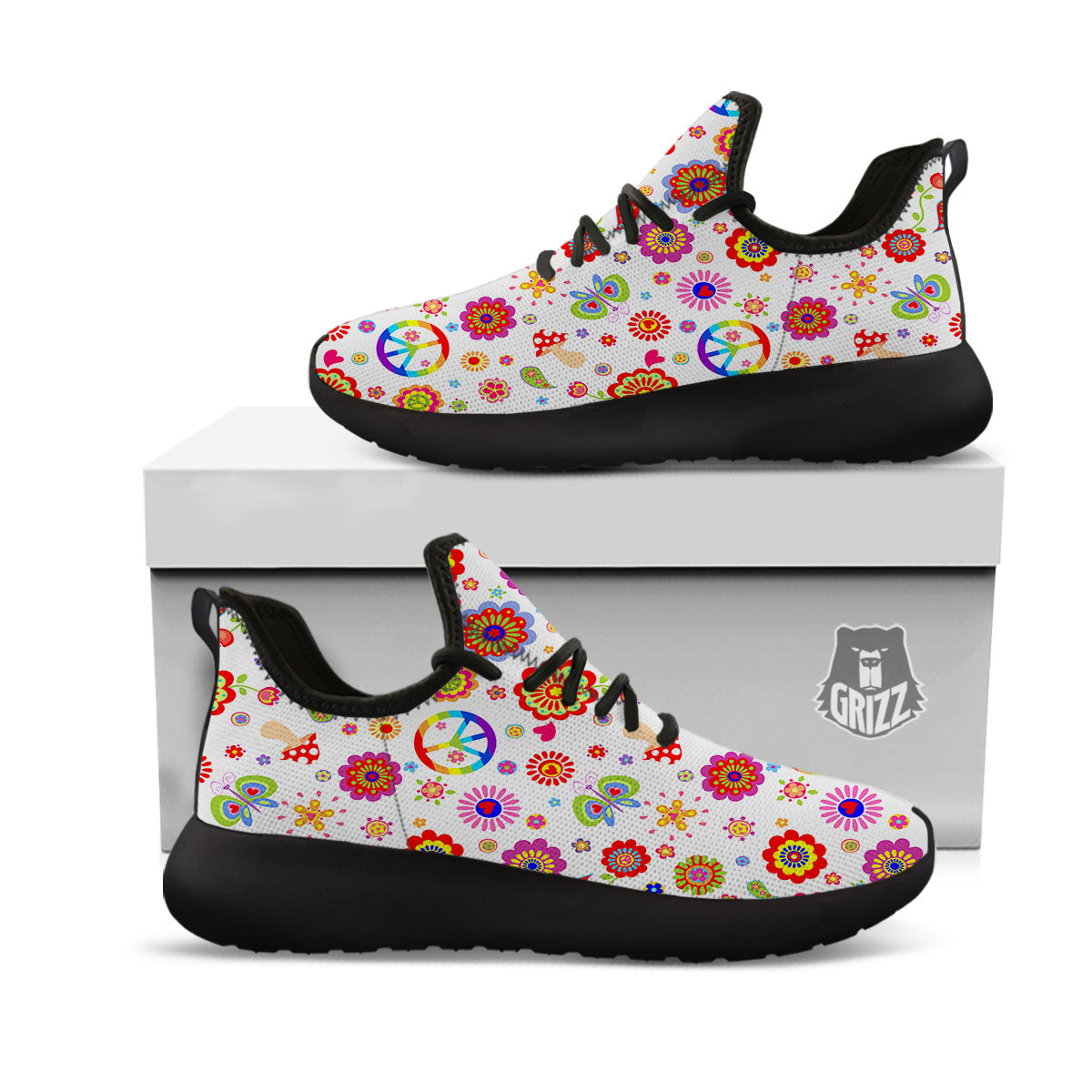 Heart Psychedelic Peace Sign Print Pattern Black Athletic Shoes-grizzshop