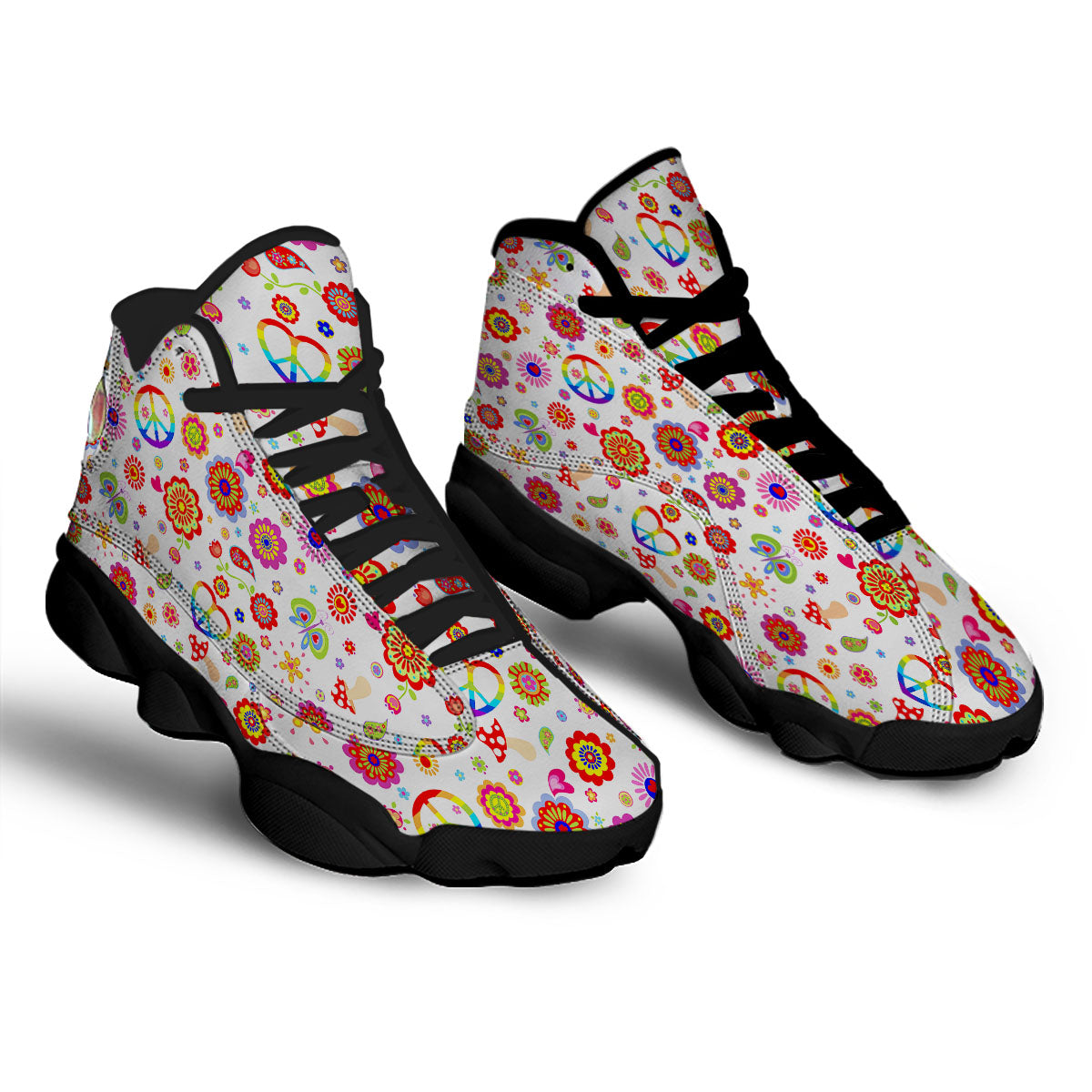 Heart Psychedelic Peace Sign Print Pattern Black Basketball Shoes-grizzshop