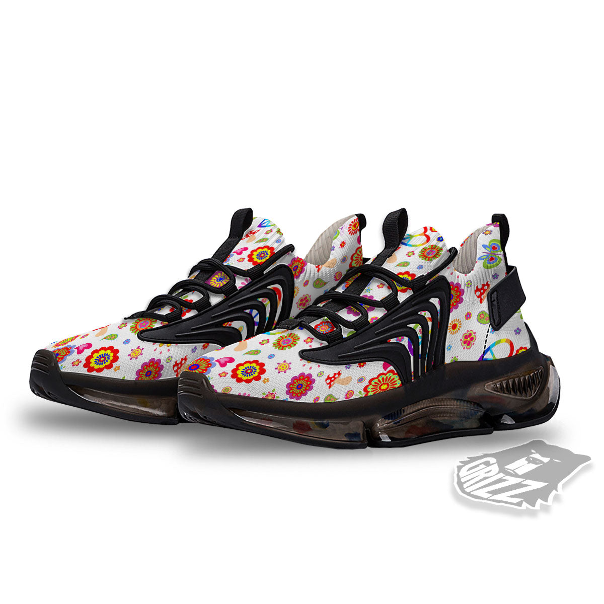 Heart Psychedelic Peace Sign Print Pattern Black Gym Shoes-grizzshop