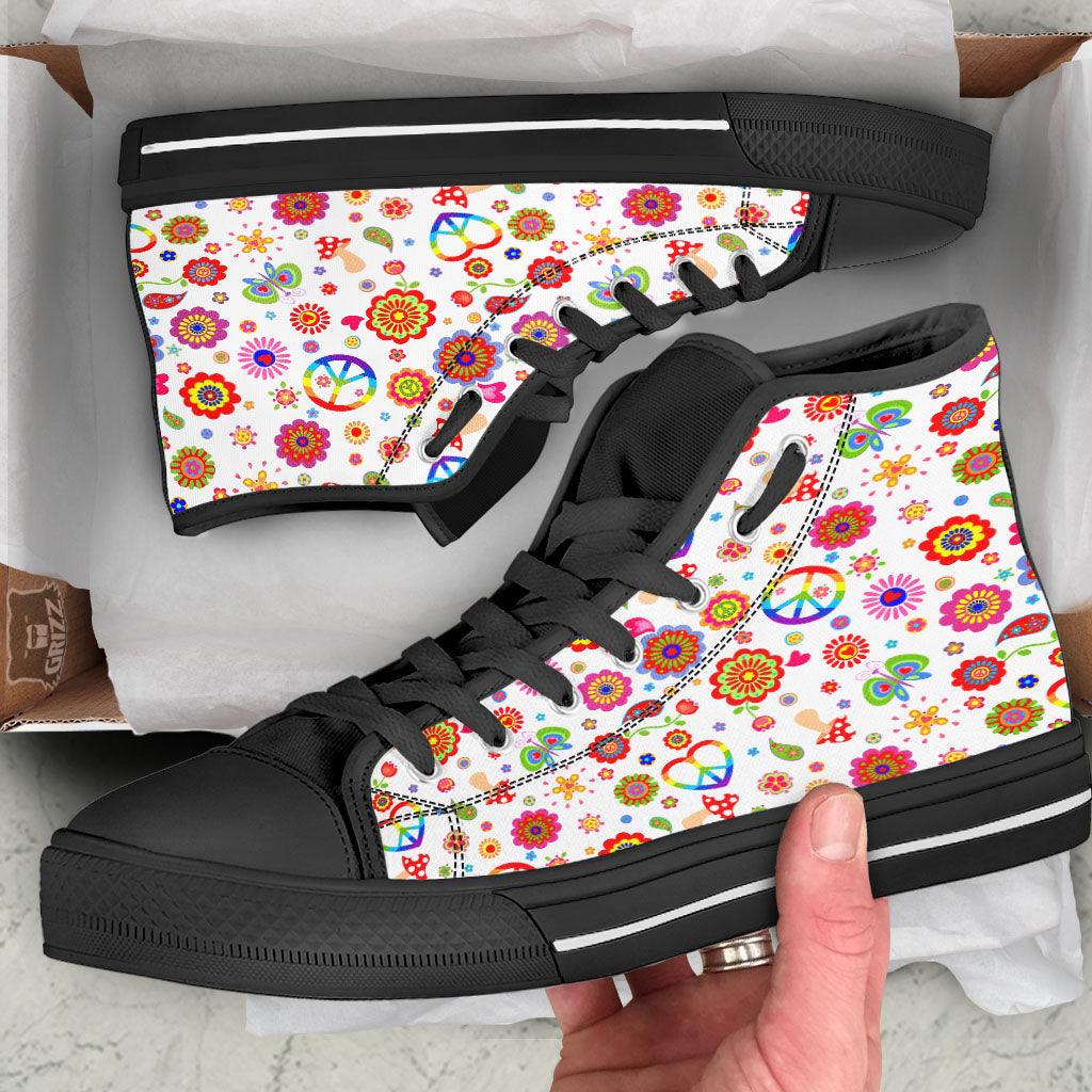 Heart Psychedelic Peace Sign Print Pattern Black High Top Shoes-grizzshop