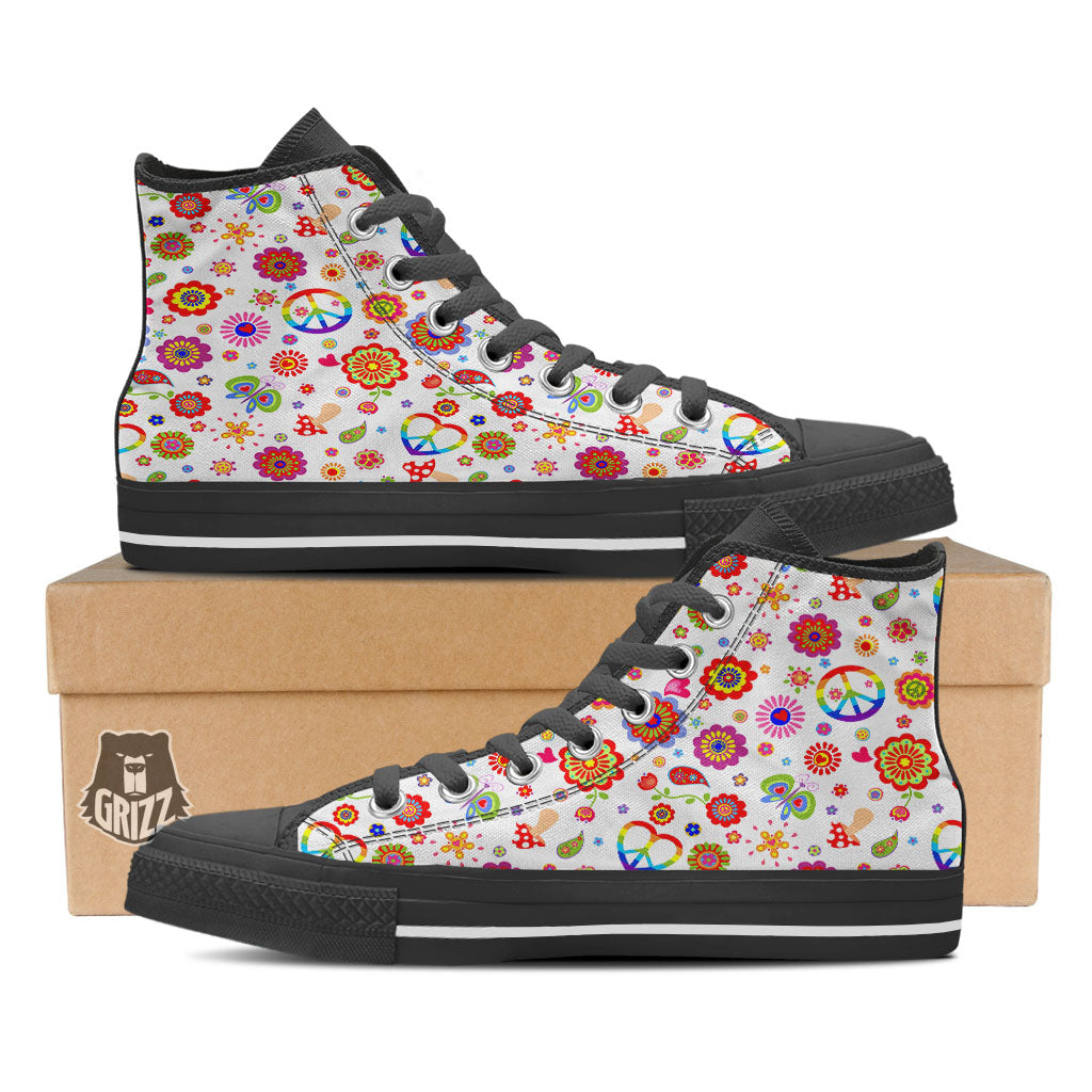 Heart Psychedelic Peace Sign Print Pattern Black High Top Shoes-grizzshop