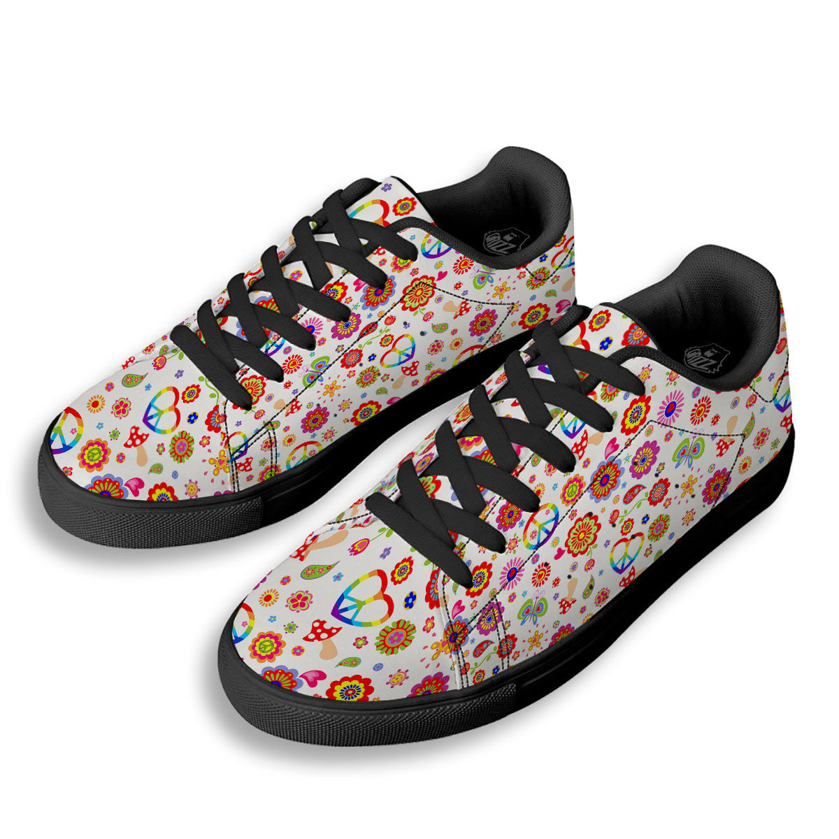 Heart Psychedelic Peace Sign Print Pattern Black Low Top Sneakers-grizzshop
