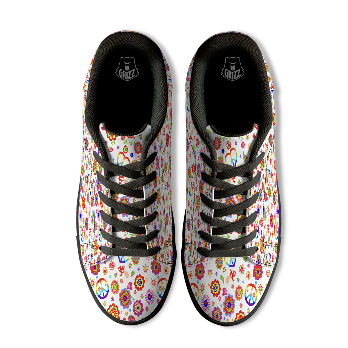 Heart Psychedelic Peace Sign Print Pattern Black Low Top Sneakers-grizzshop