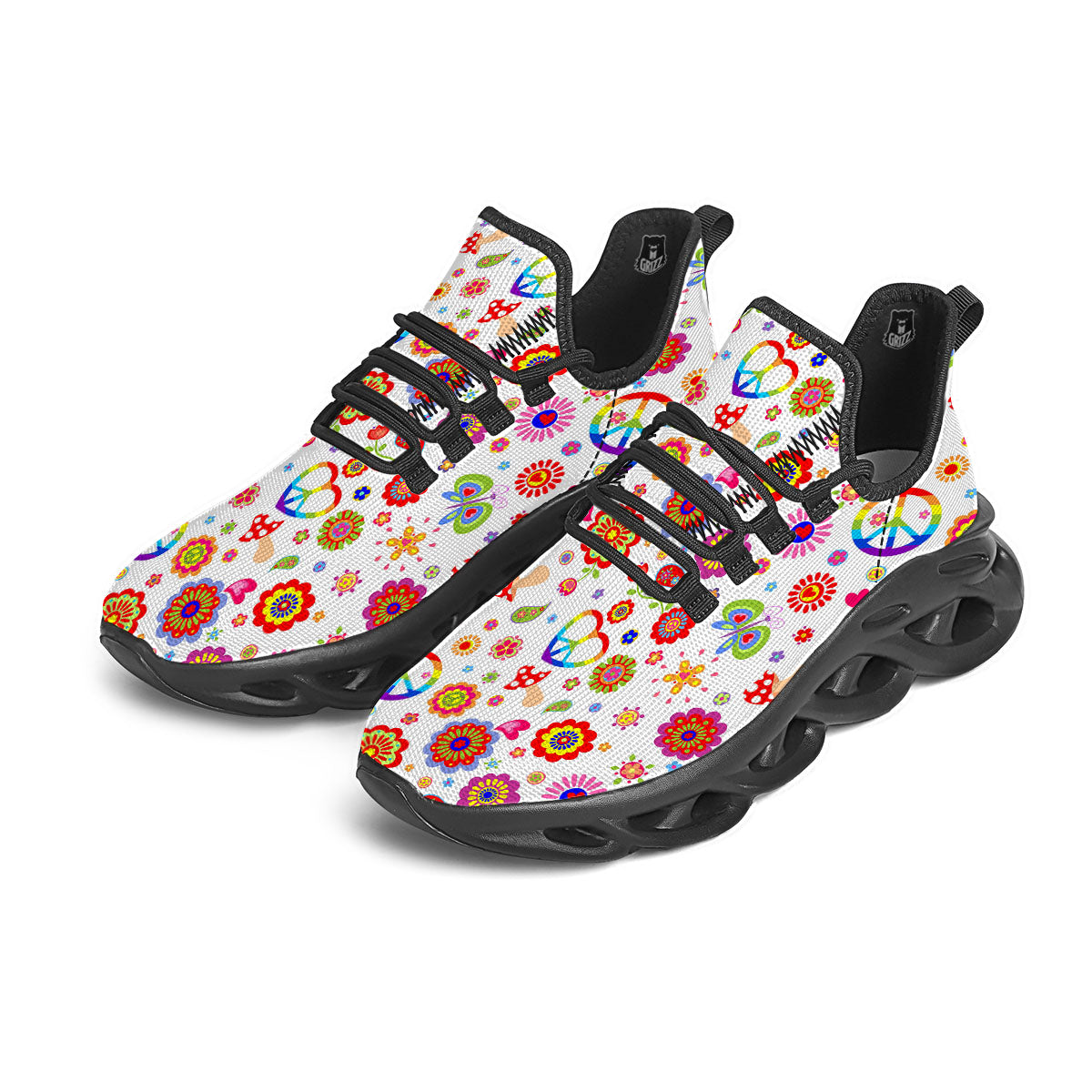 Heart Psychedelic Peace Sign Print Pattern Black Running Shoes-grizzshop
