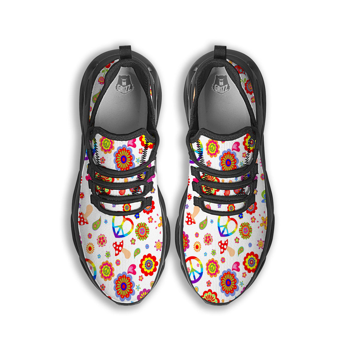 Heart Psychedelic Peace Sign Print Pattern Black Running Shoes-grizzshop