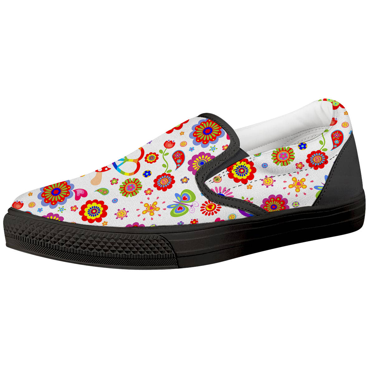 Heart Psychedelic Peace Sign Print Pattern Black Slip On Shoes-grizzshop