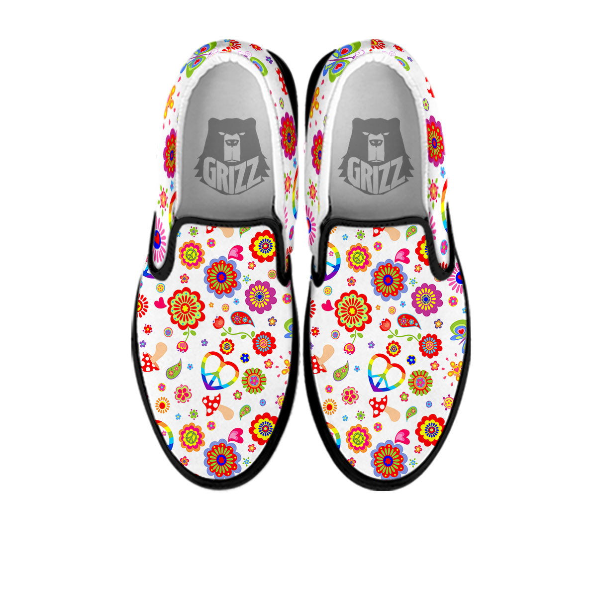 Heart Psychedelic Peace Sign Print Pattern Black Slip On Shoes-grizzshop