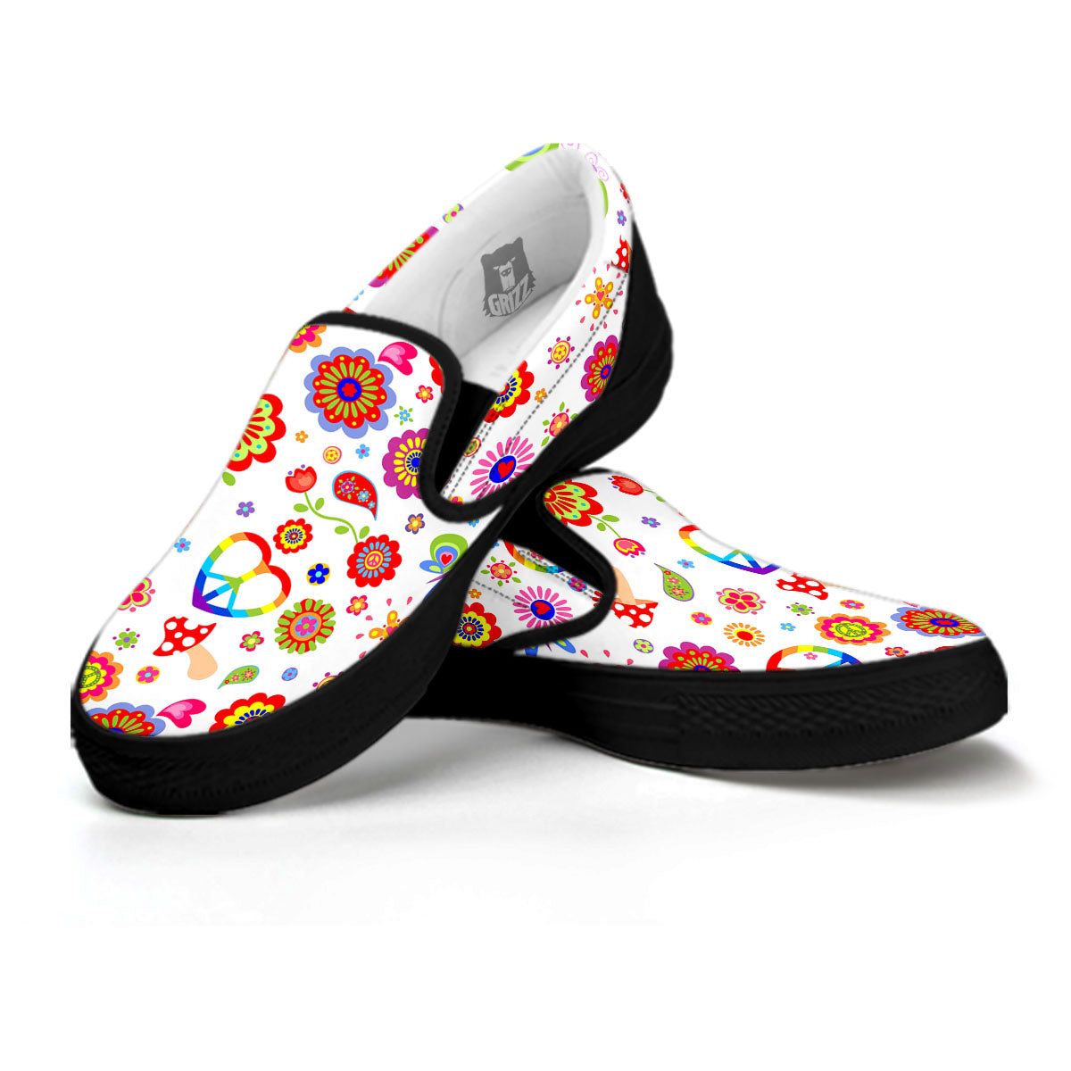 Heart Psychedelic Peace Sign Print Pattern Black Slip On Shoes-grizzshop