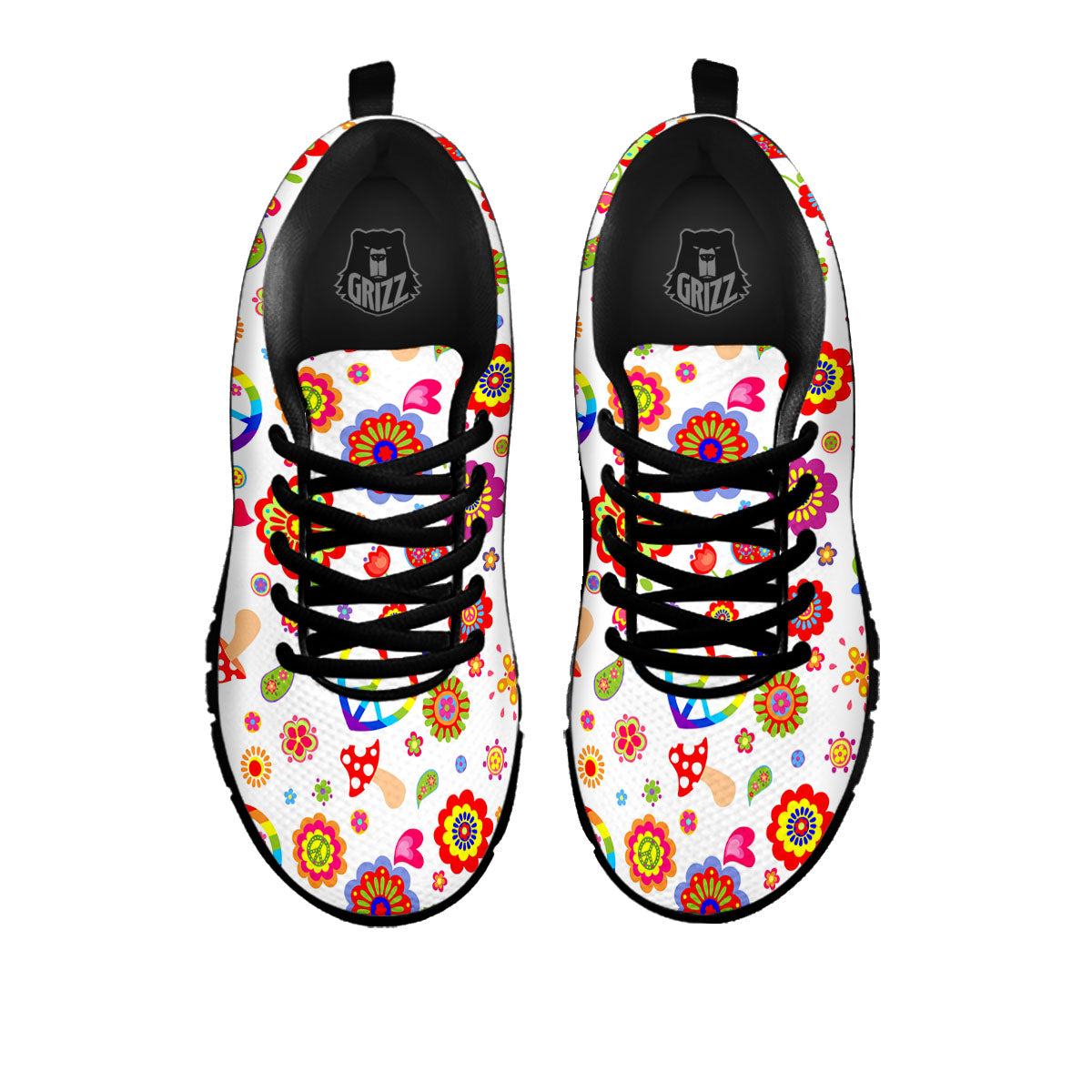 Heart Psychedelic Peace Sign Print Pattern Black Sneaker-grizzshop