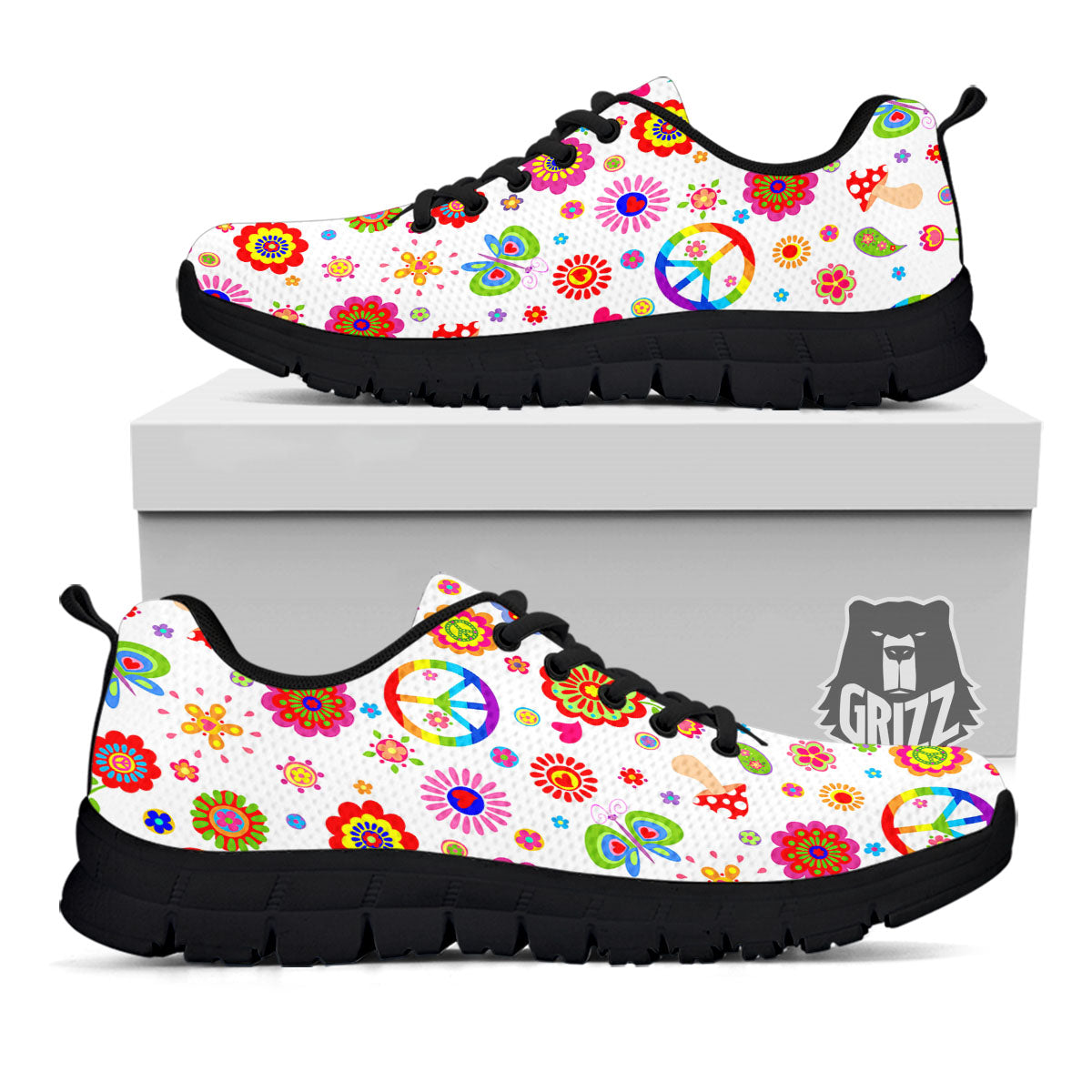 Heart Psychedelic Peace Sign Print Pattern Black Sneaker-grizzshop