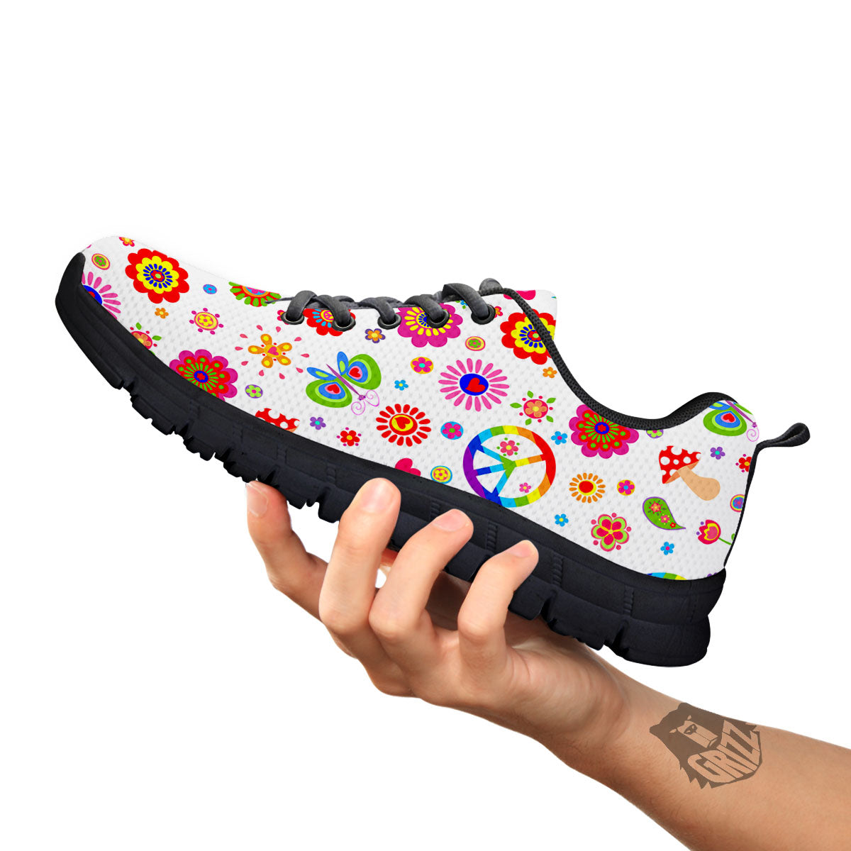 Heart Psychedelic Peace Sign Print Pattern Black Sneaker-grizzshop