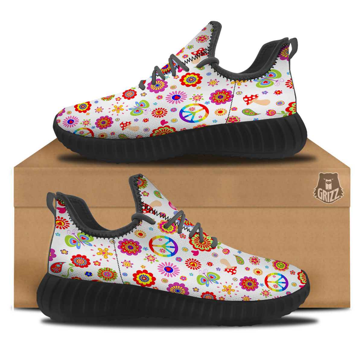 Heart Psychedelic Peace Sign Print Pattern Black Walking Shoes-grizzshop