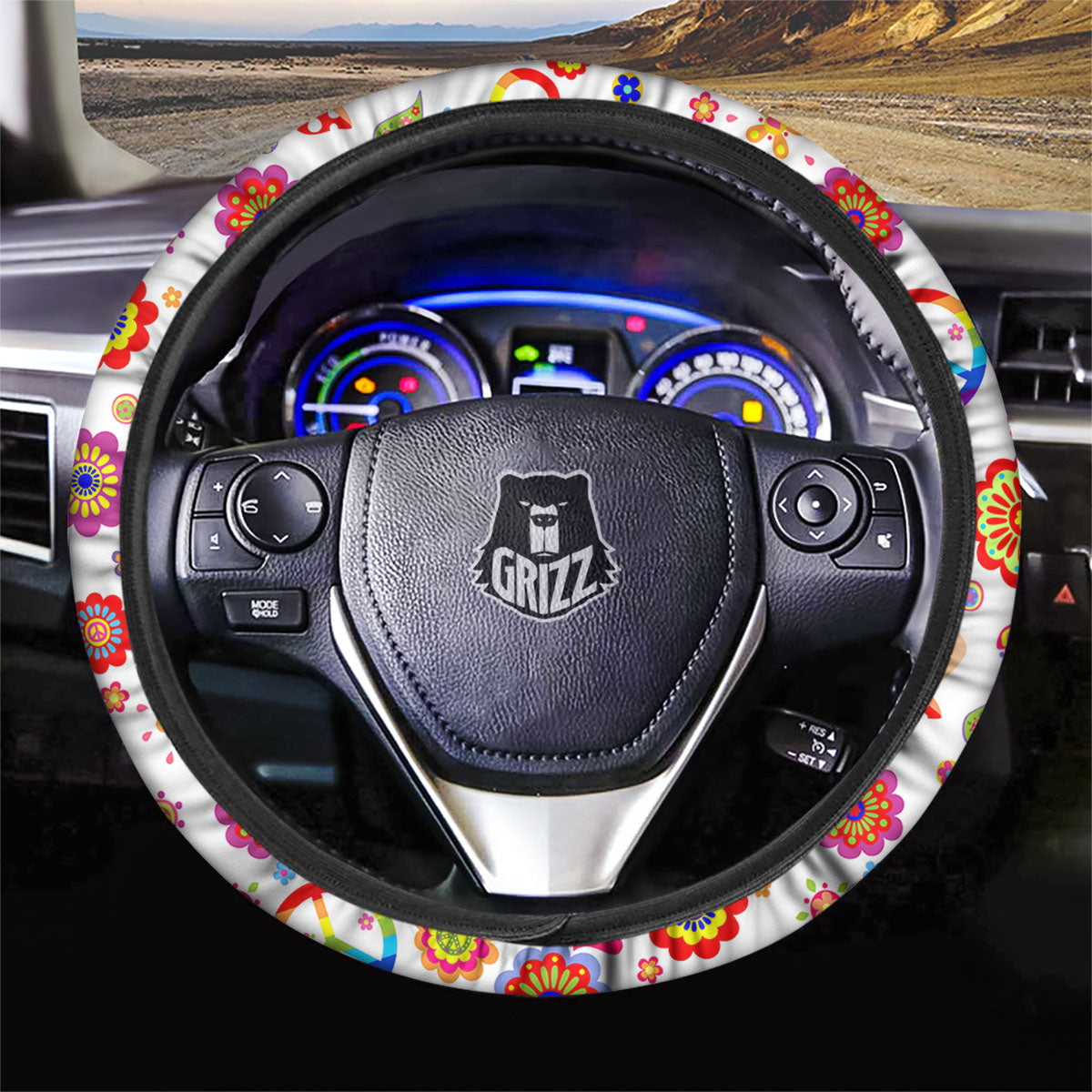 Heart Psychedelic Peace Sign Print Pattern Car Steering Wheel Cover-grizzshop