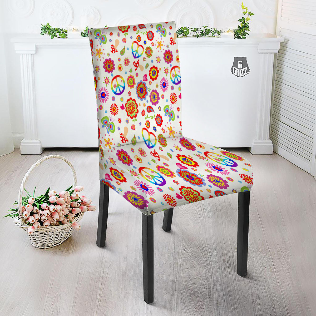 Heart Psychedelic Peace Sign Print Pattern Dining Chair Slipcover-grizzshop